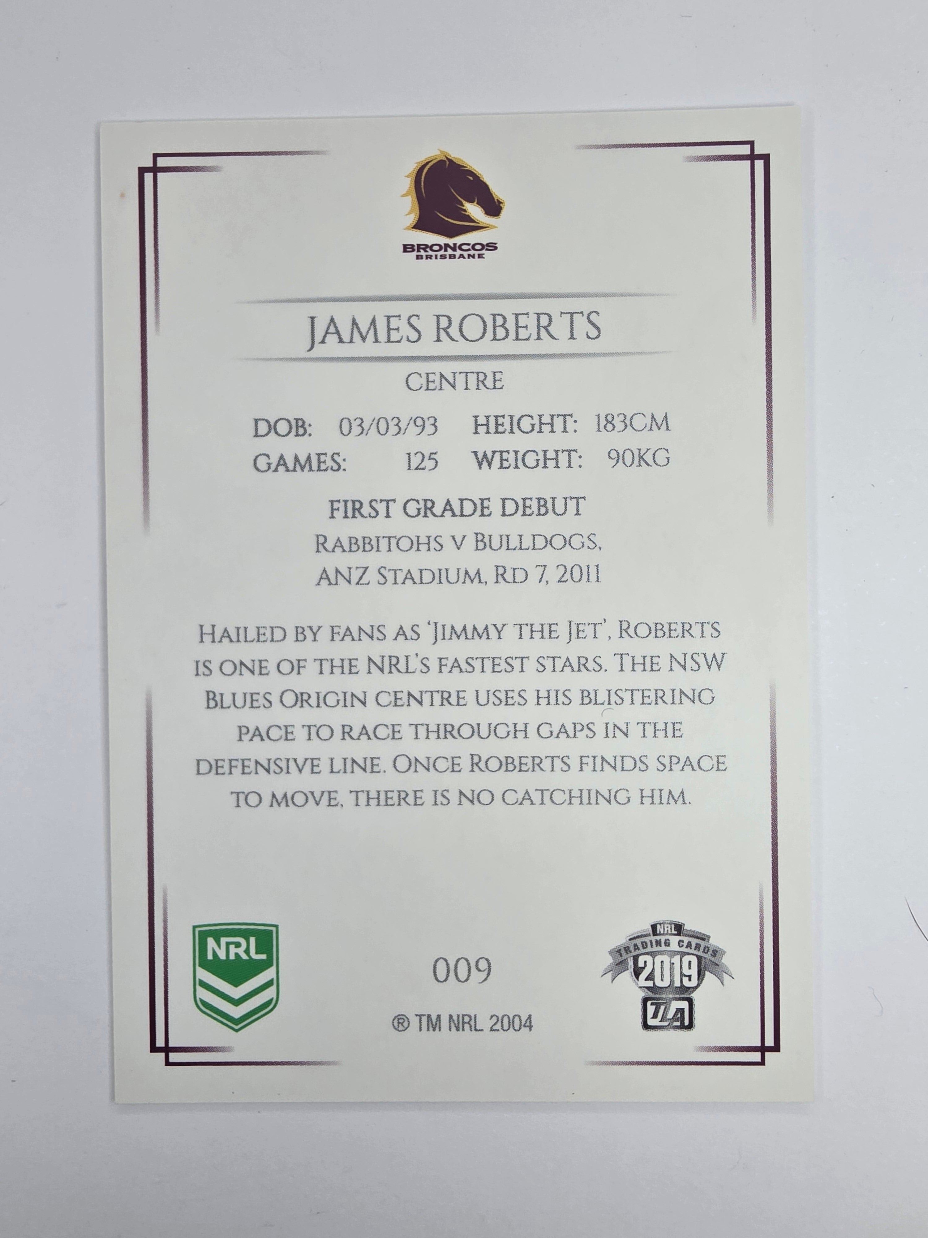 NRL 2019 Elite Base Card #9 James Roberts Brisbane Broncos