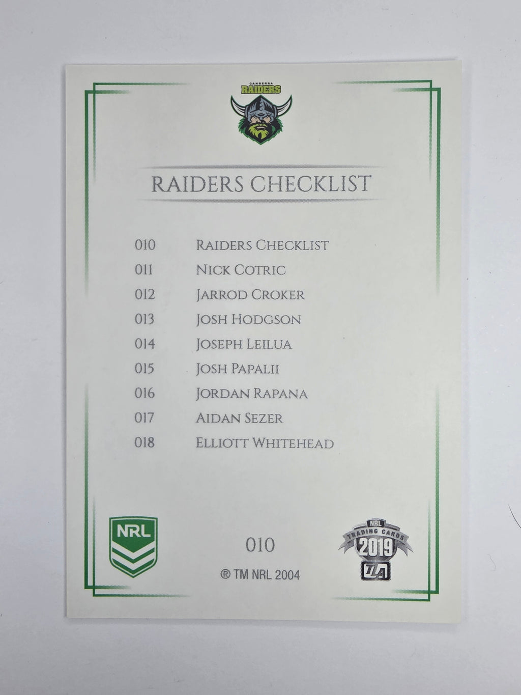 NRL 2019 Elite Base Card #10 Checklist Canberra Raiders