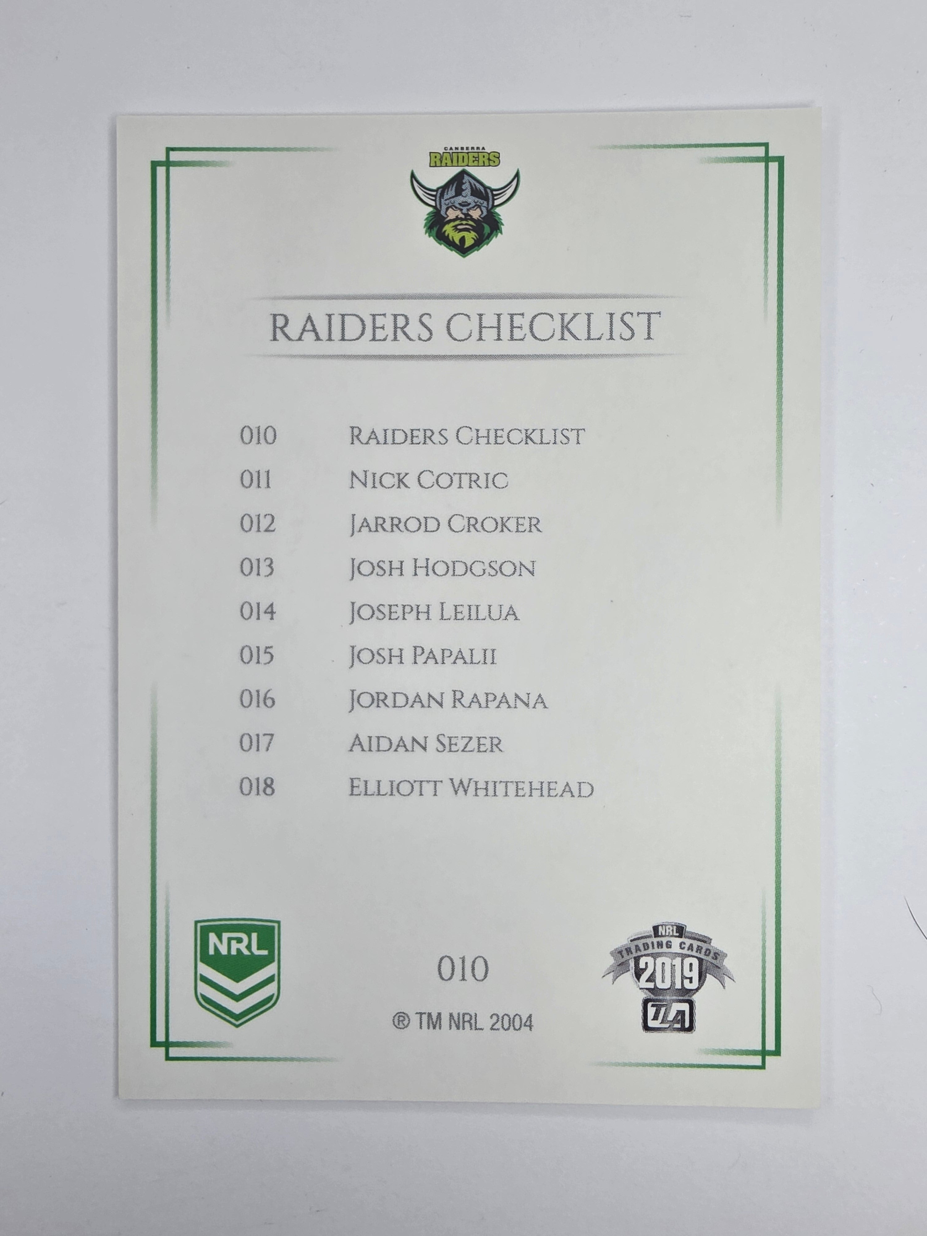 NRL 2019 Elite Base Card #10 Checklist Canberra Raiders