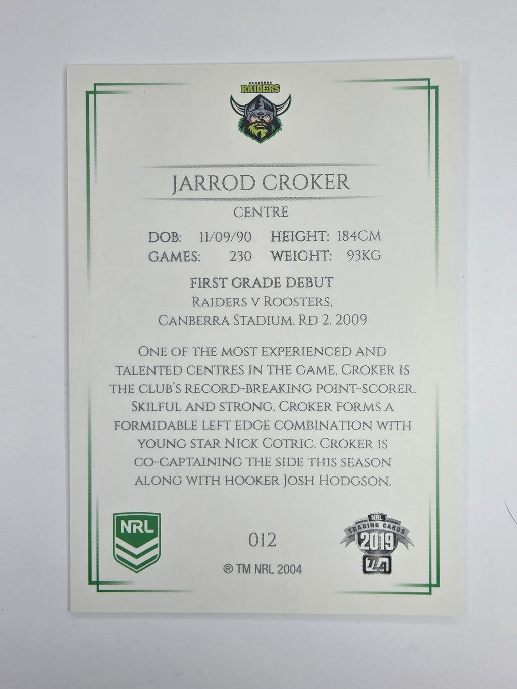 NRL 2019 Elite Base Card #12 Jarrod Croker Canberra Raiders