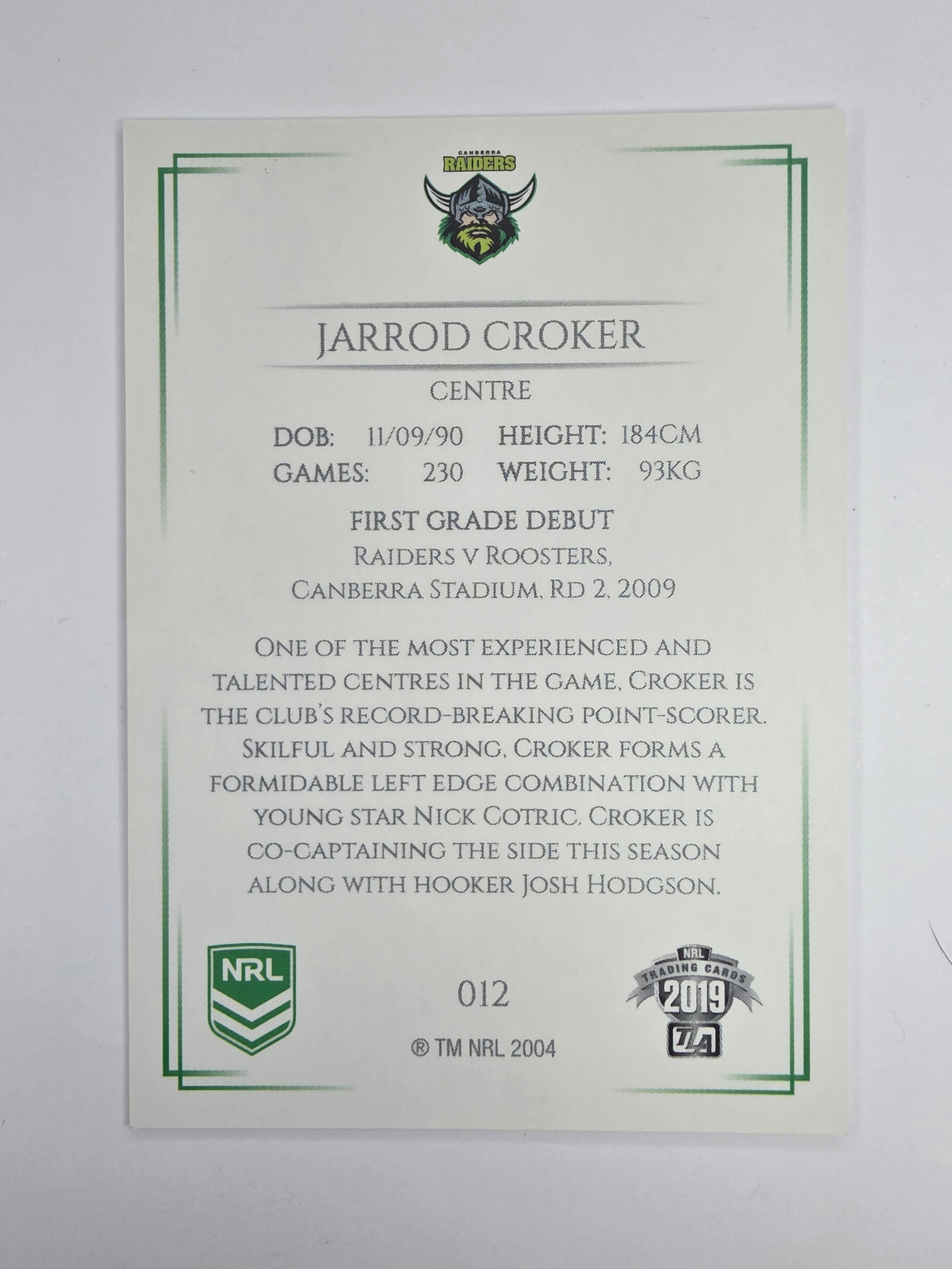 NRL 2019 Elite Base Card #12 Jarrod Croker Canberra Raiders