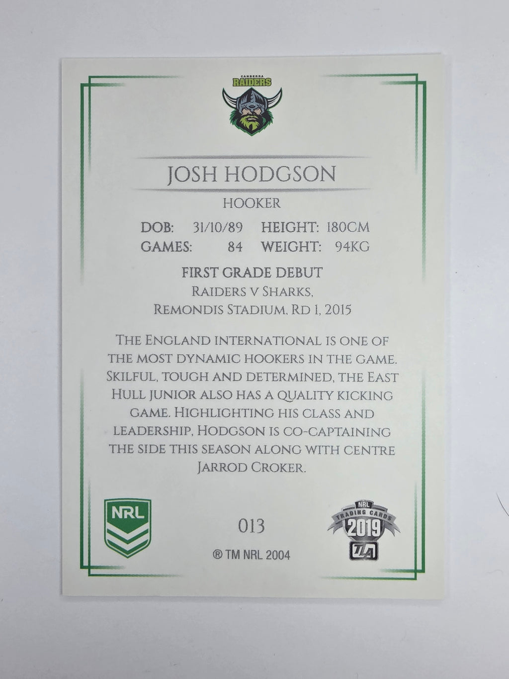 NRL 2019 Elite Base Card #13 Josh Hodgson Canberra Raiders