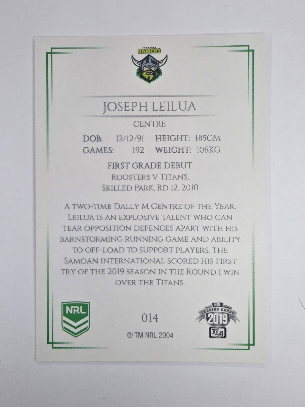 NRL 2019 Elite Base Card #14 Joseph Leilua Canberra Raiders