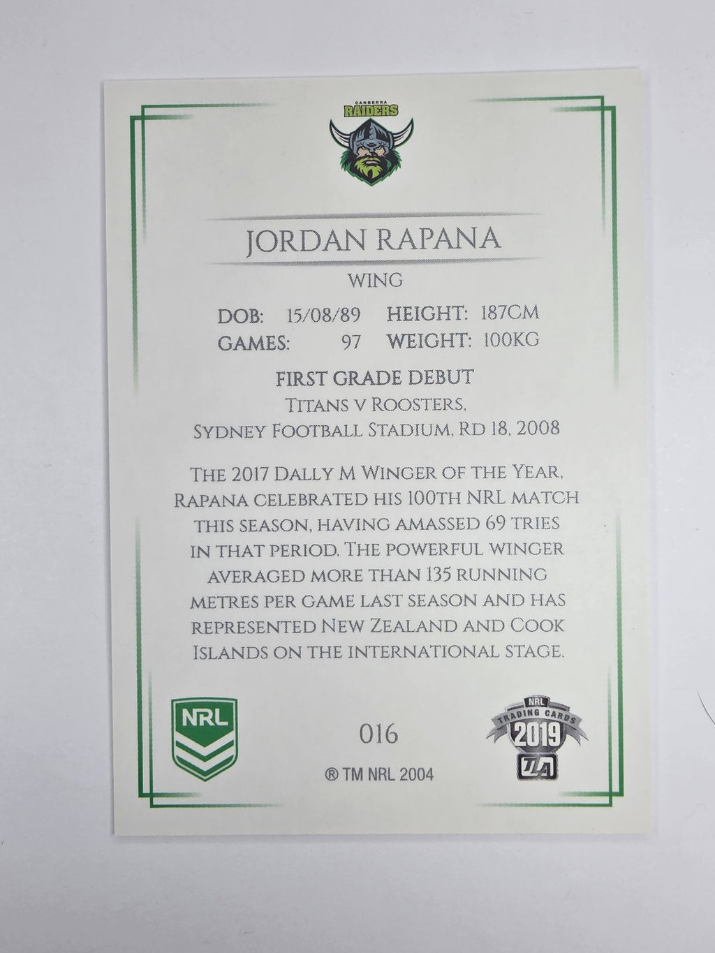 NRL 2019 Elite Base Card #16 Jordan Rapana Canberra Raiders