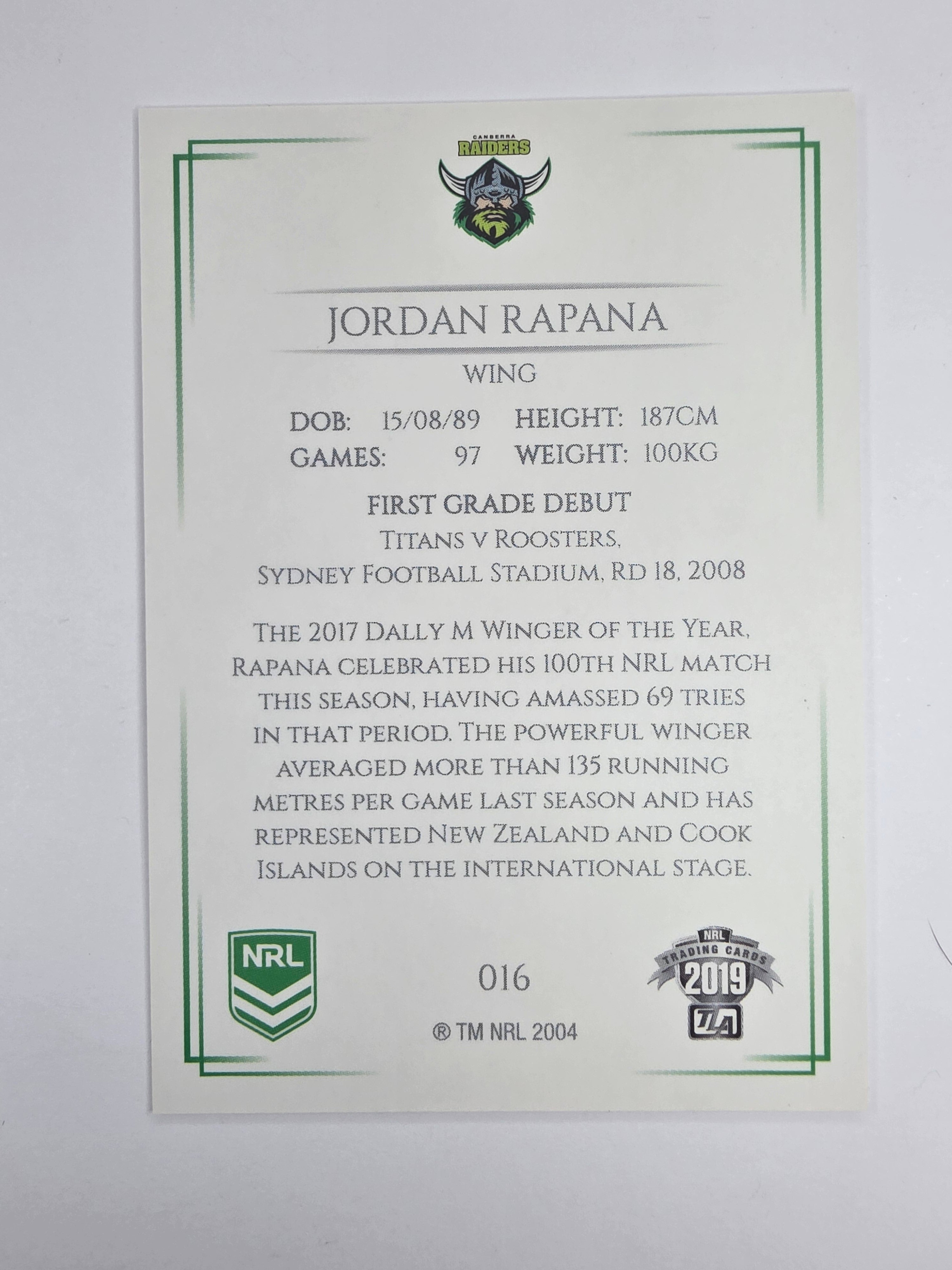 NRL 2019 Elite Base Card #16 Jordan Rapana Canberra Raiders