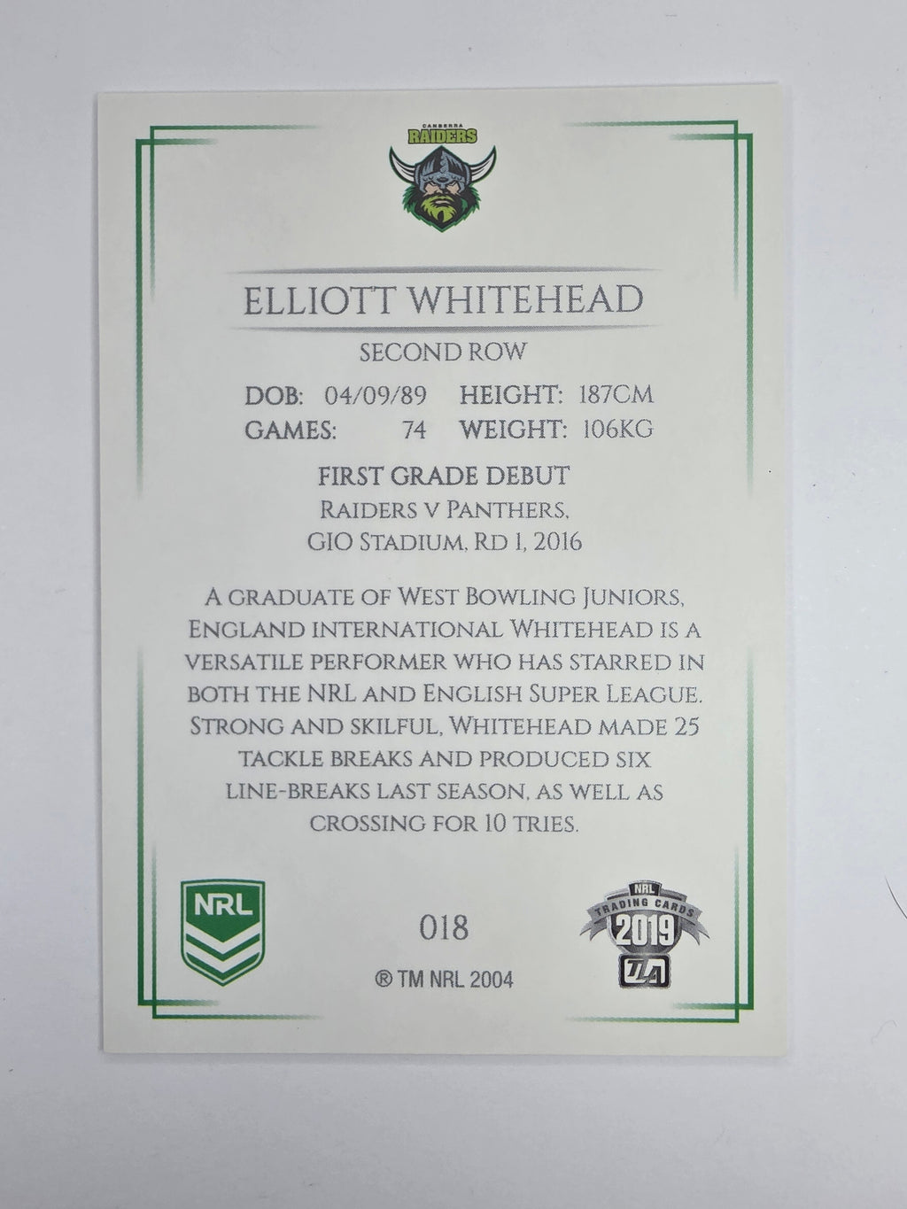 NRL 2019 Elite Base Card #18 Elliott Whitehead Canberra Raiders