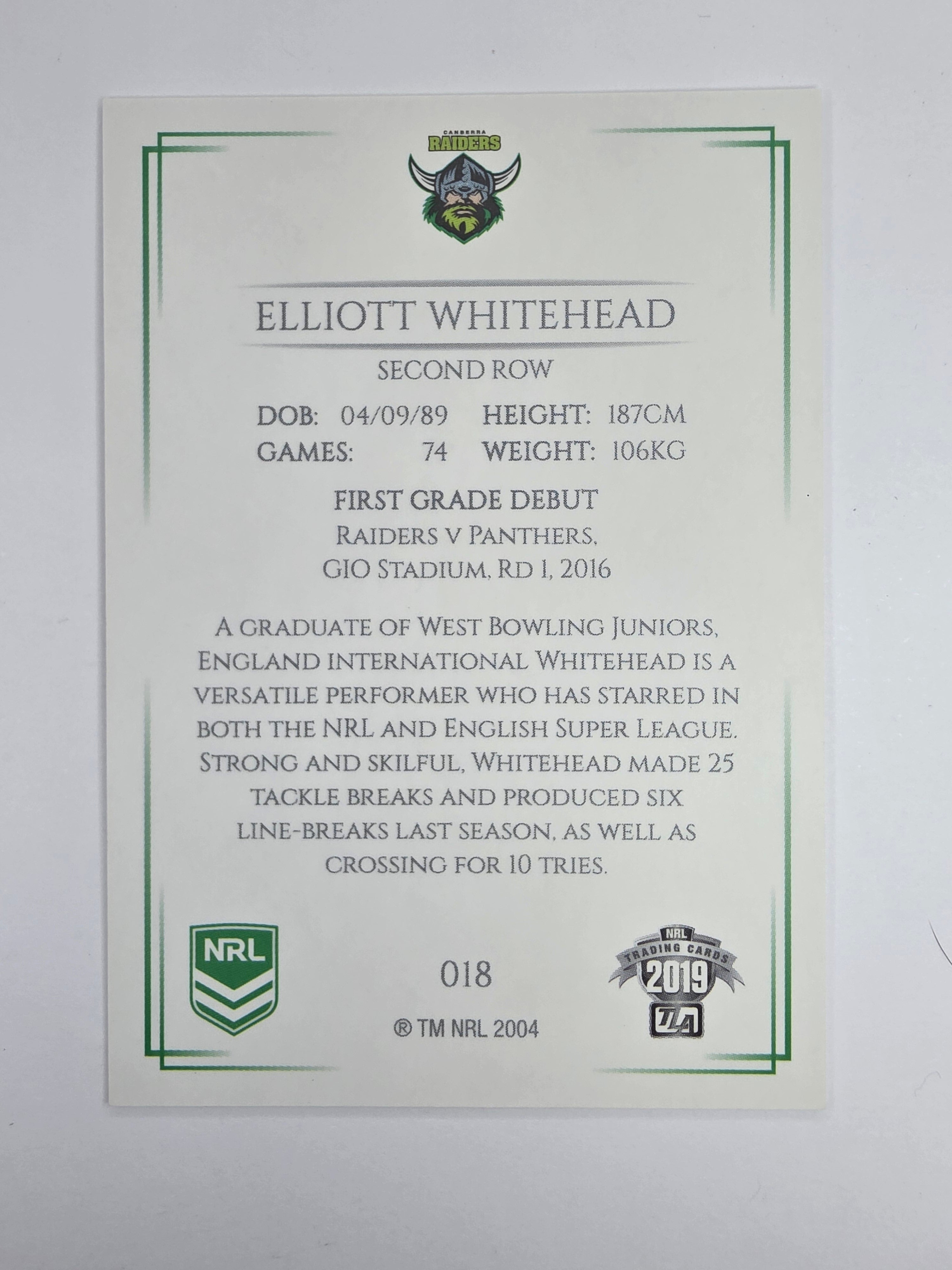 NRL 2019 Elite Base Card #18 Elliott Whitehead Canberra Raiders