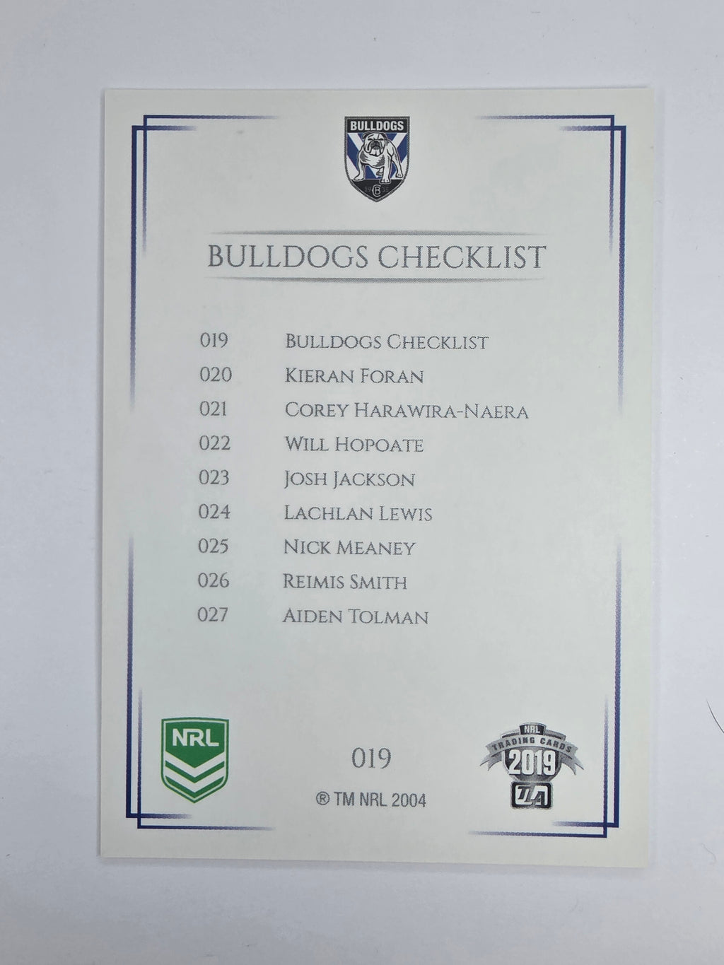 NRL 2019 Elite Base Card #19 Checklist Canterbury Bankstown Bulldogs