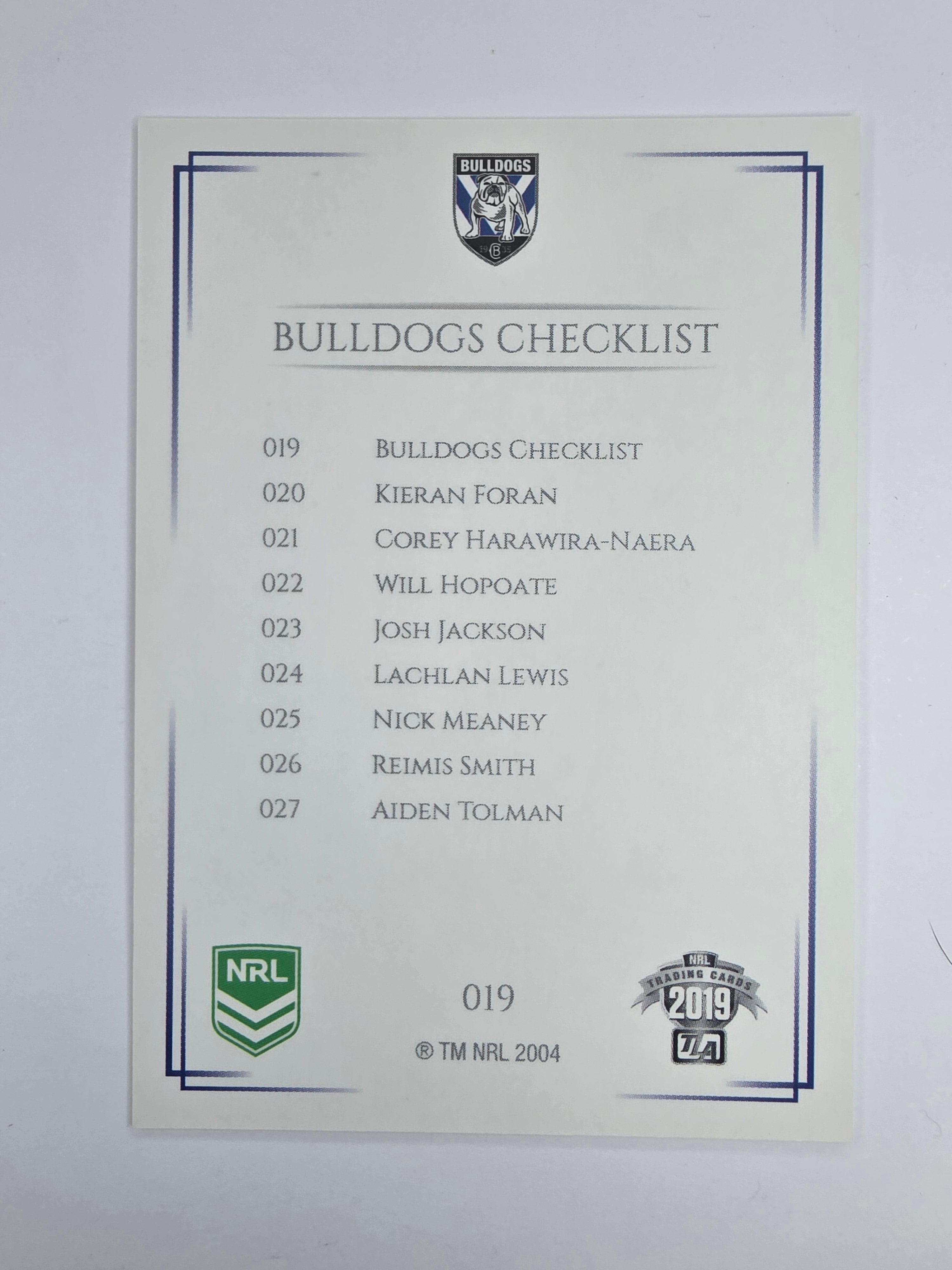 NRL 2019 Elite Base Card #19 Checklist Canterbury Bankstown Bulldogs