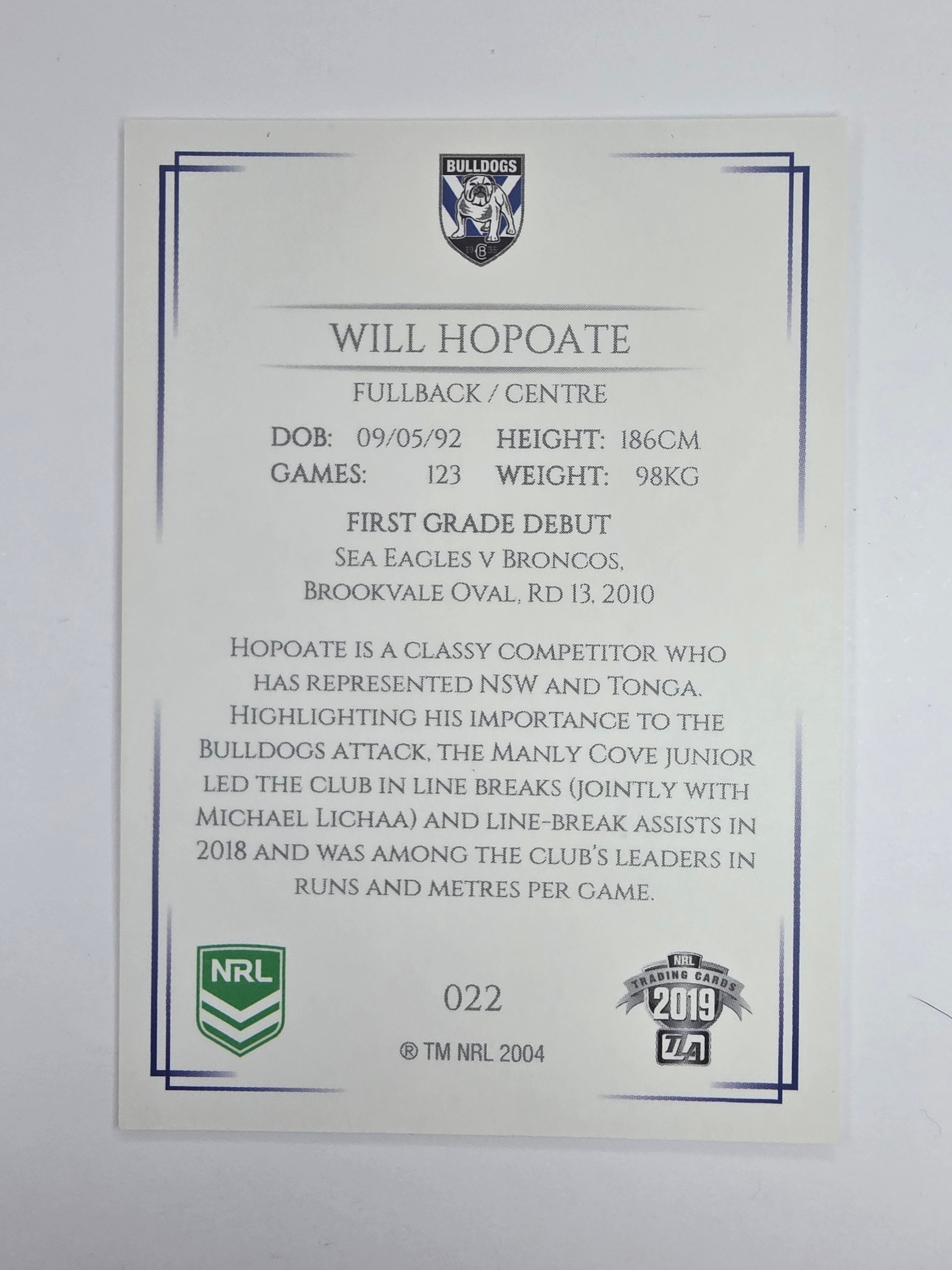 NRL 2019 Elite Base Card #22 William Hopoate Canterbury Bankstown Bulldogs
