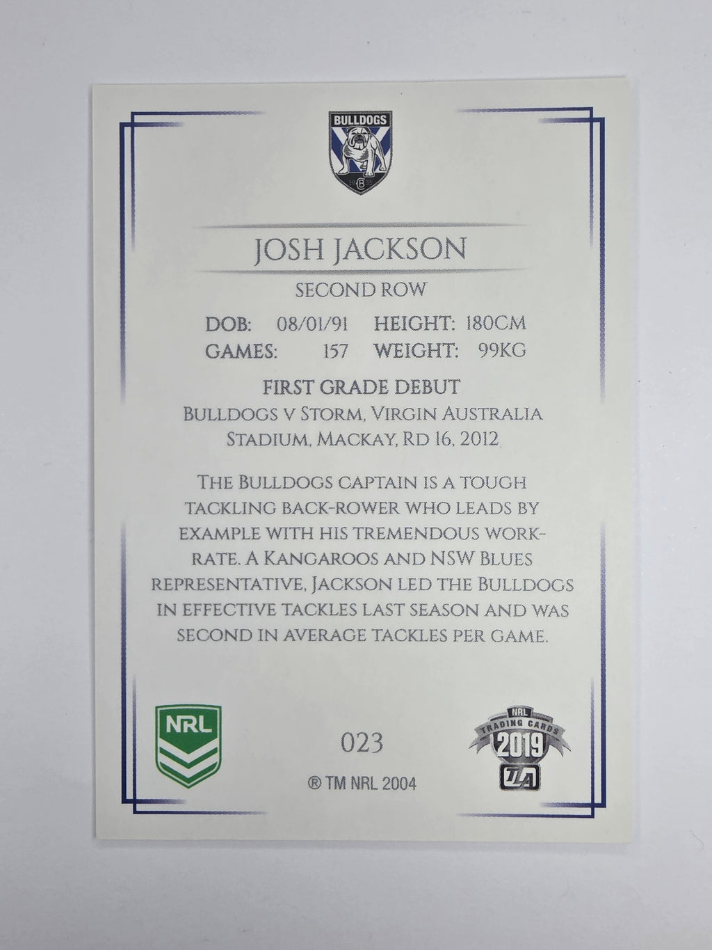 NRL 2019 Elite Base Card #23 Josh Jackson Canterbury Bankstown Bulldogs