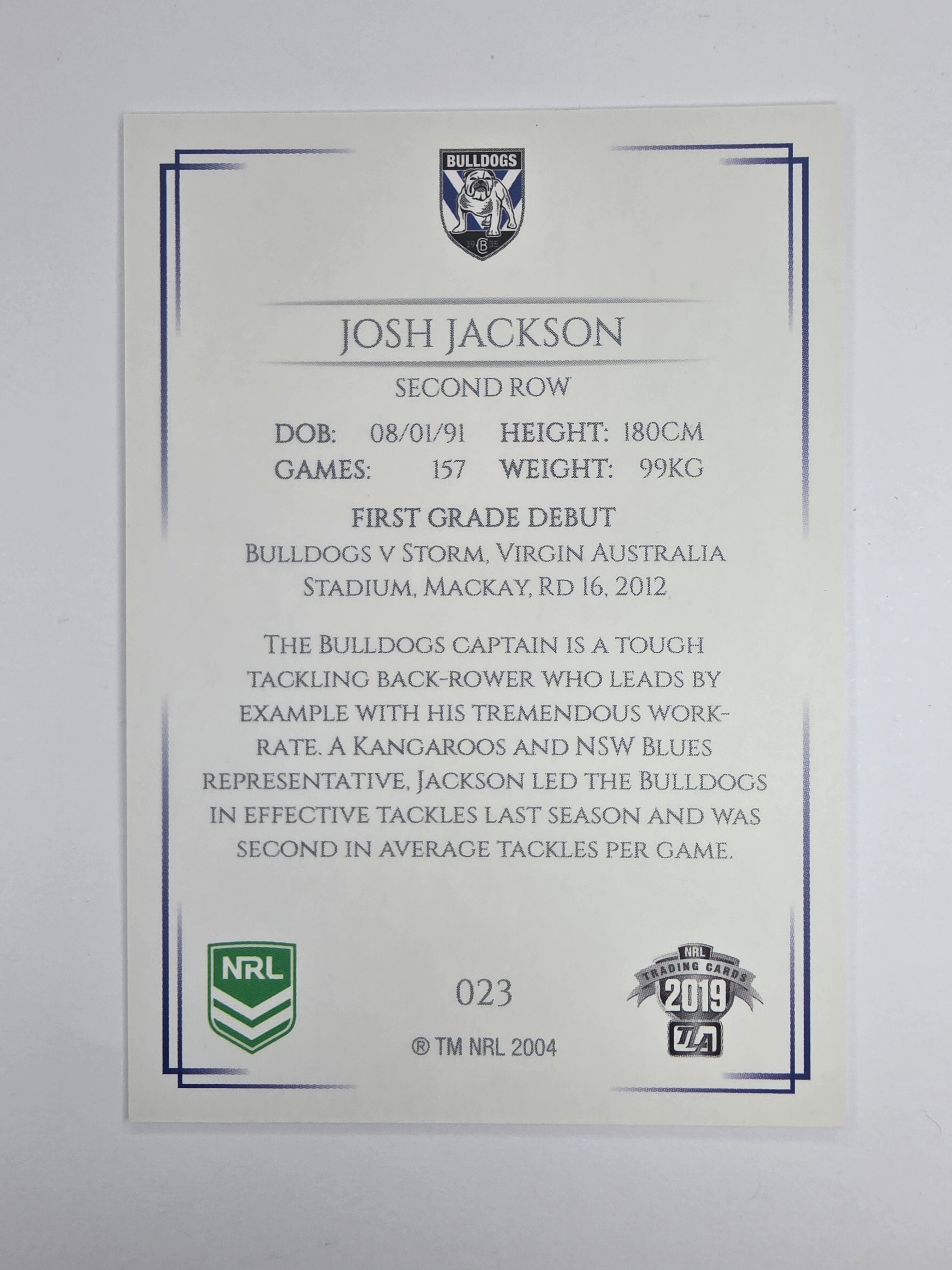 NRL 2019 Elite Base Card #23 Josh Jackson Canterbury Bankstown Bulldogs