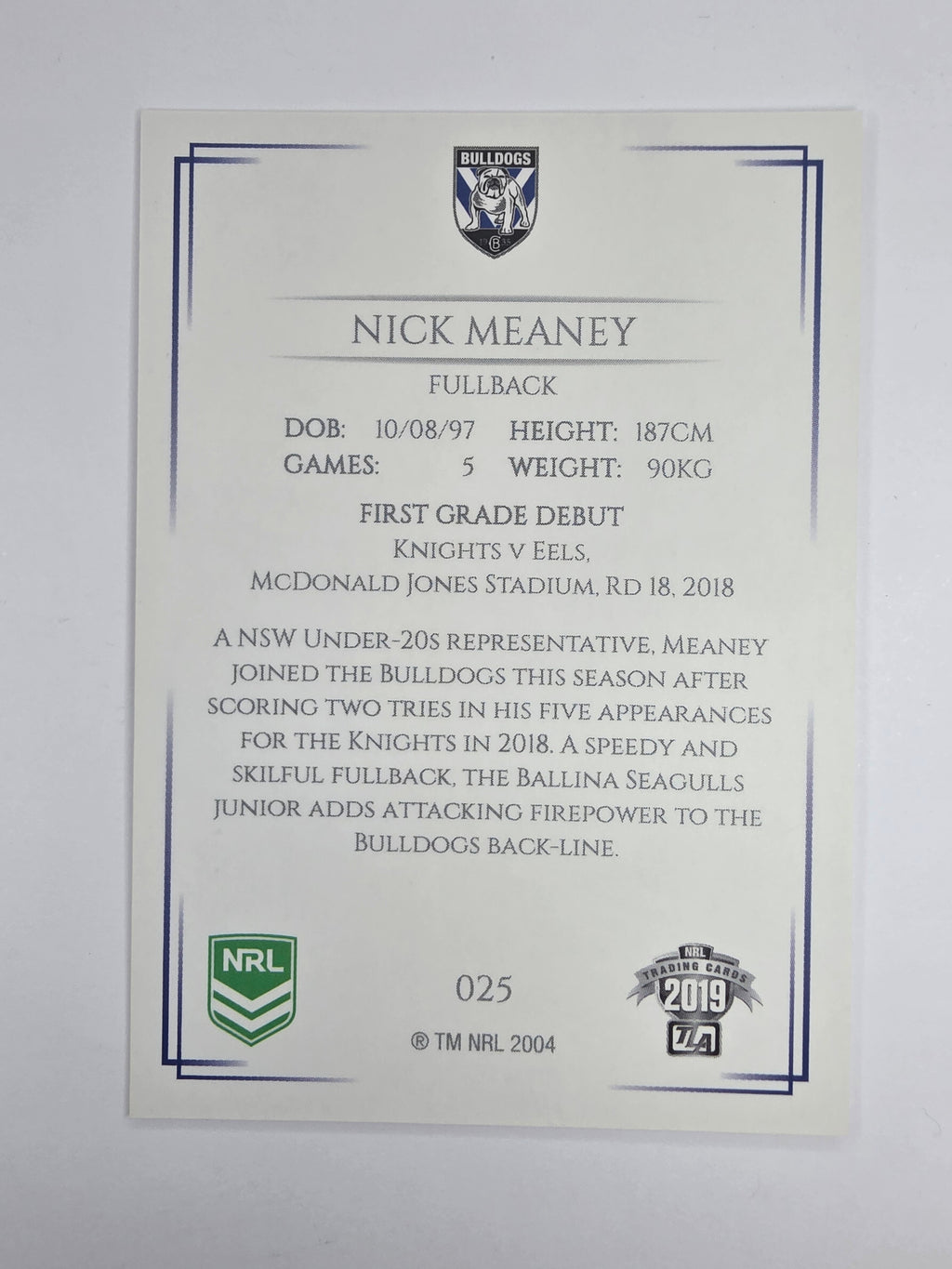 NRL 2019 Elite Base Card #25 Nick Meaney Canterbury Bankstown Bulldogs