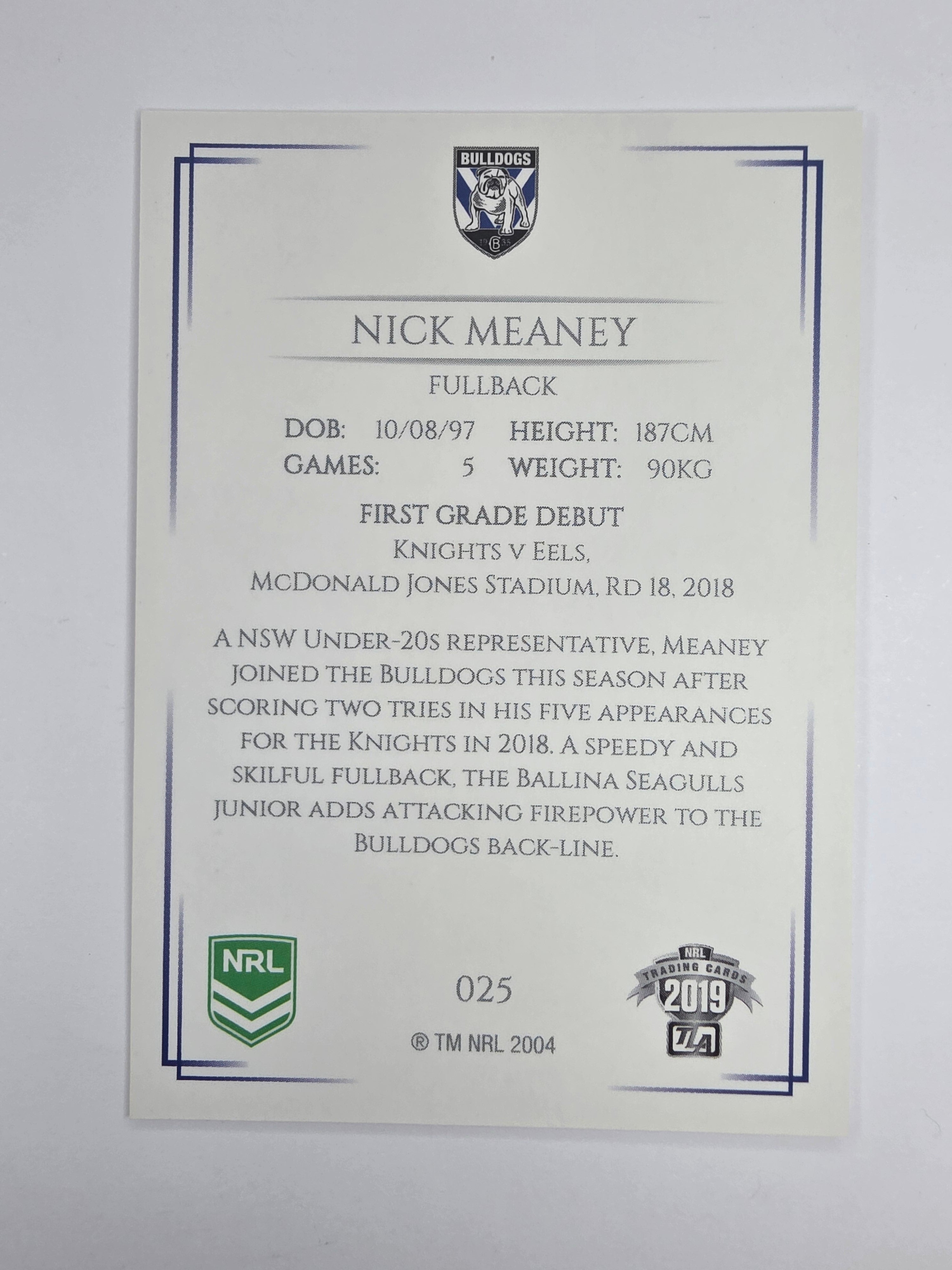 NRL 2019 Elite Base Card #25 Nick Meaney Canterbury Bankstown Bulldogs