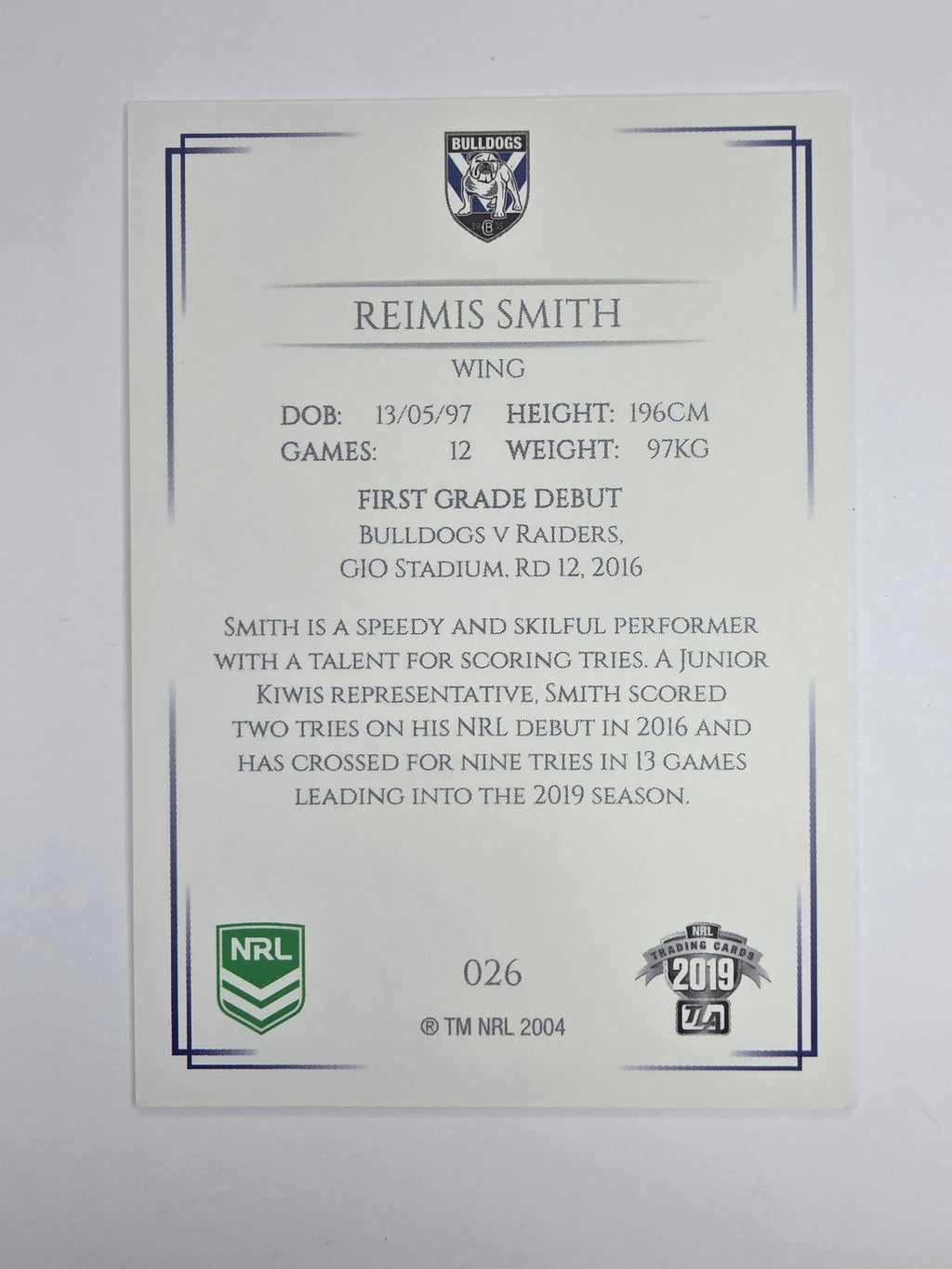 NRL 2019 Elite Base Card #26 Reimis Smith Canterbury Bankstown Bulldogs