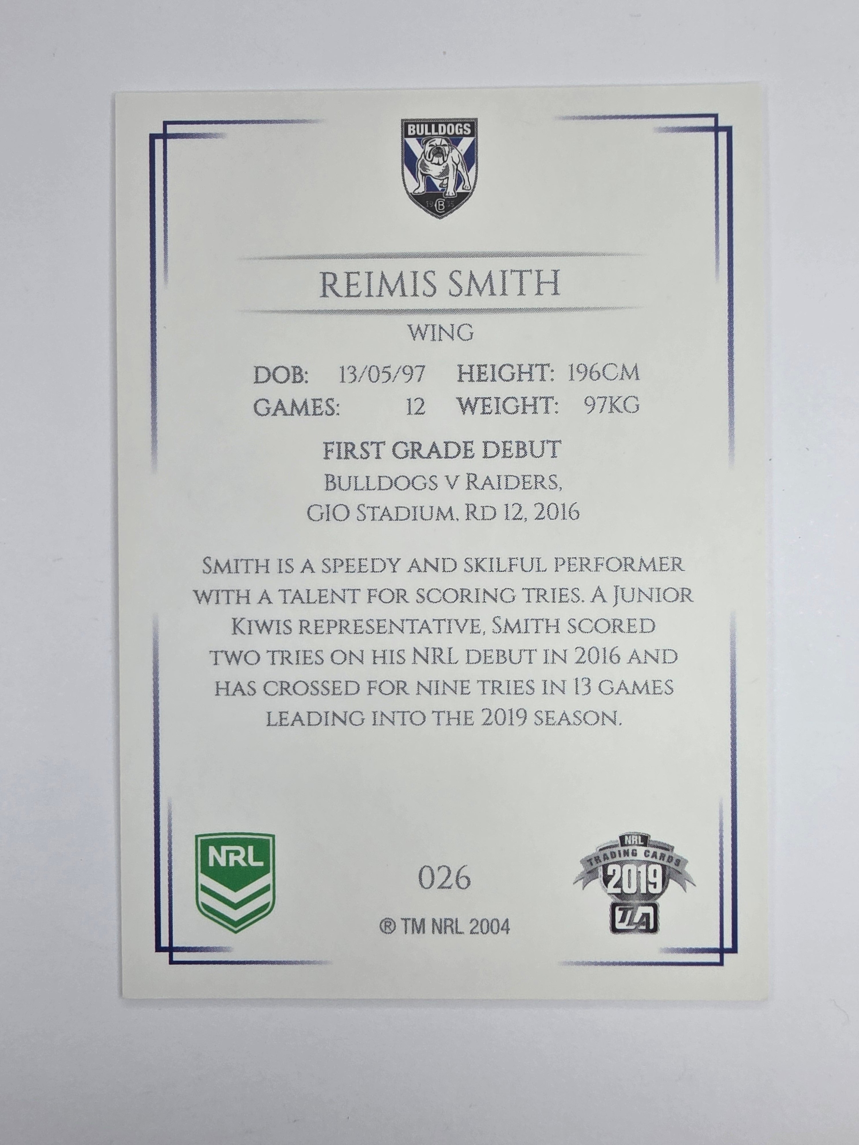 NRL 2019 Elite Base Card #26 Reimis Smith Canterbury Bankstown Bulldogs