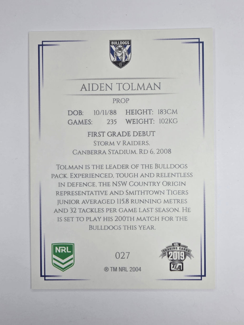 NRL 2019 Elite Base Card #27 Aiden Tolman Canterbury Bankstown Bulldogs