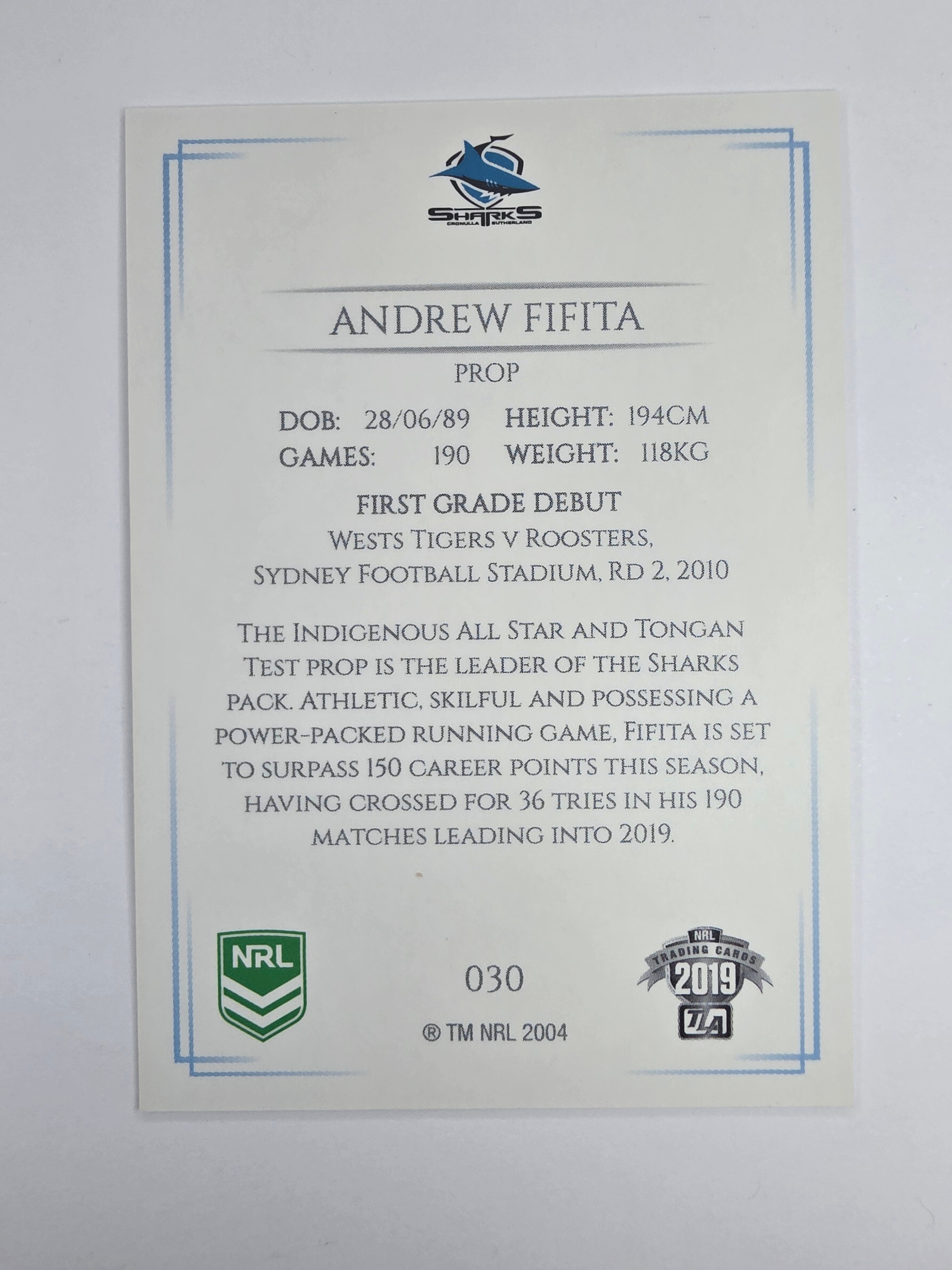 NRL 2019 Elite Base Card #30 Andrew Fifita Cronulla Sutherland Sharks