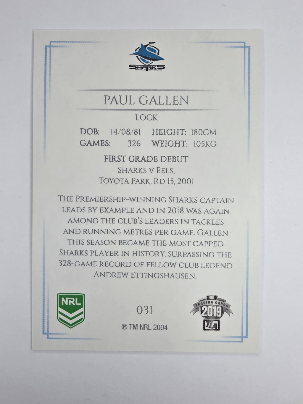 NRL 2019 Elite Base Card #31 Paul Gallen Cronulla Sutherland Sharks