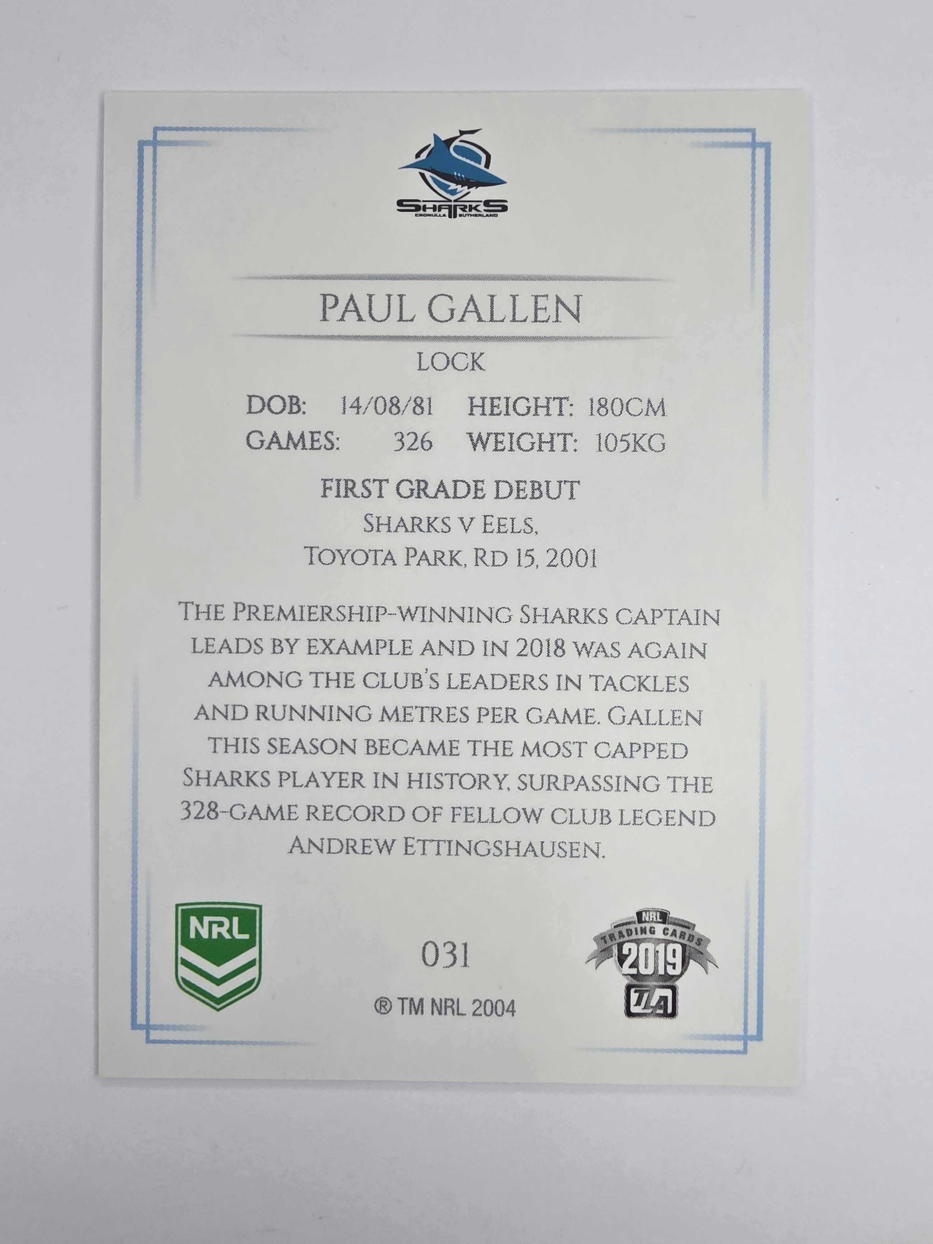 NRL 2019 Elite Base Card #31 Paul Gallen Cronulla Sutherland Sharks