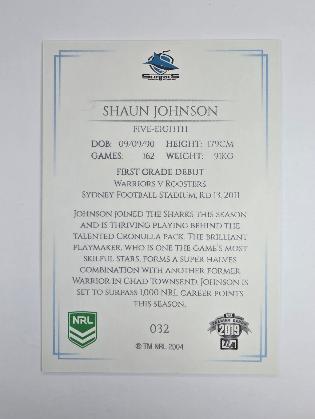 NRL 2019 Elite Base Card #32 Shaun Johnson Cronulla Sutherland Sharks