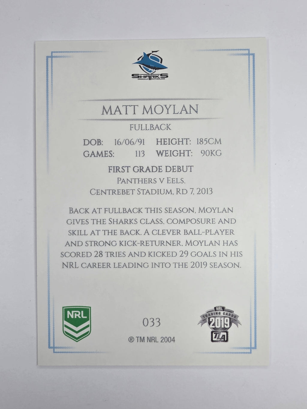 NRL 2019 Elite Base Card #33 Matt Moylan Cronulla Sutherland Sharks