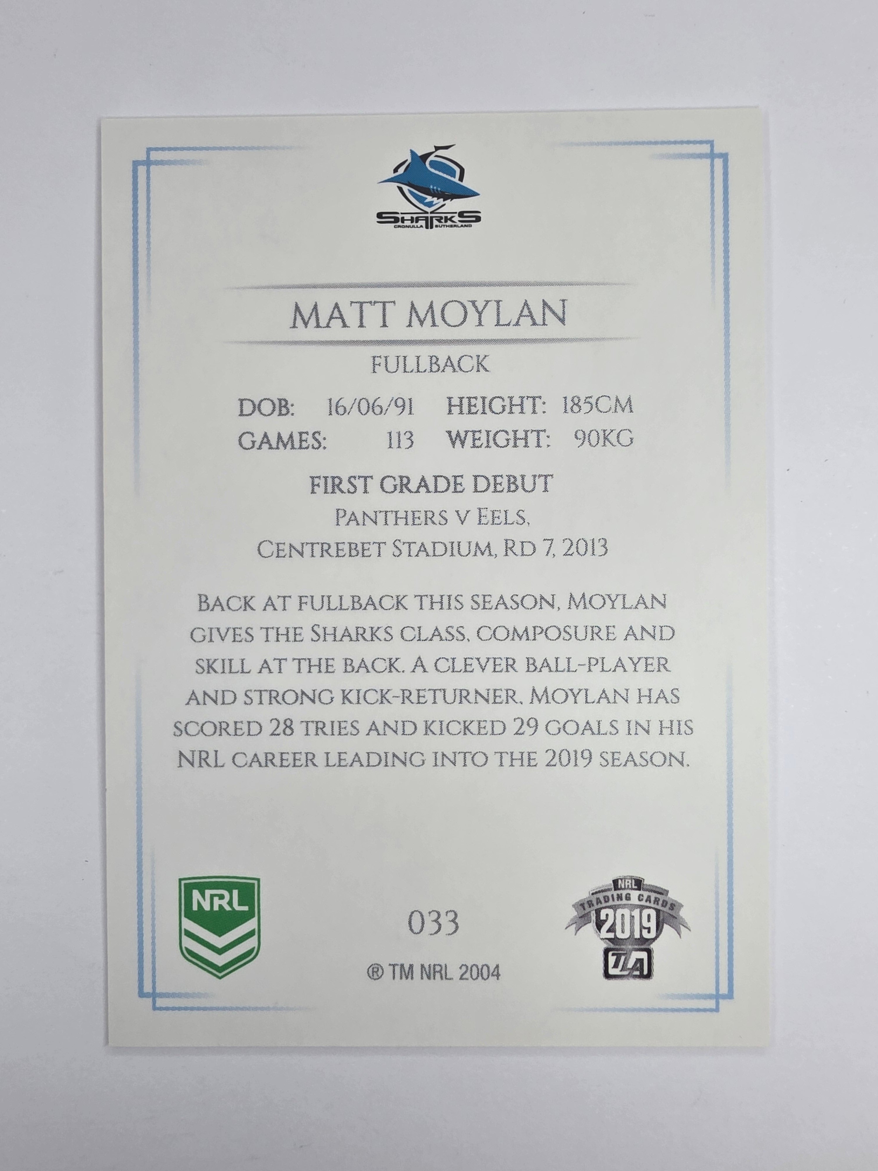NRL 2019 Elite Base Card #33 Matt Moylan Cronulla Sutherland Sharks