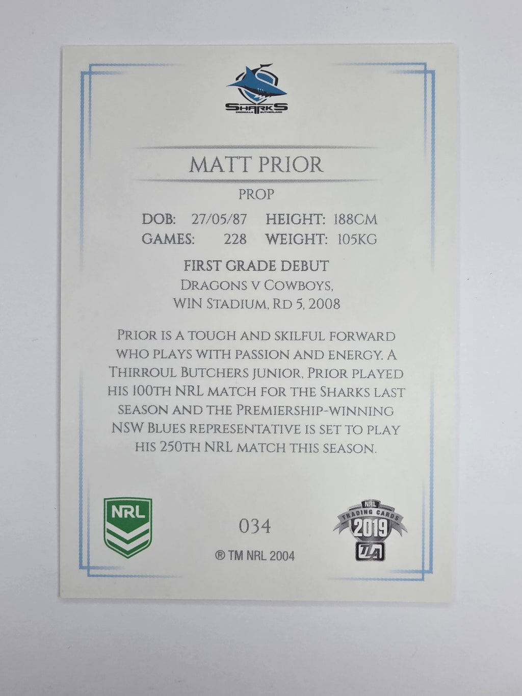 NRL 2019 Elite Base Card #34 Matt Prior Cronulla Sutherland Sharks