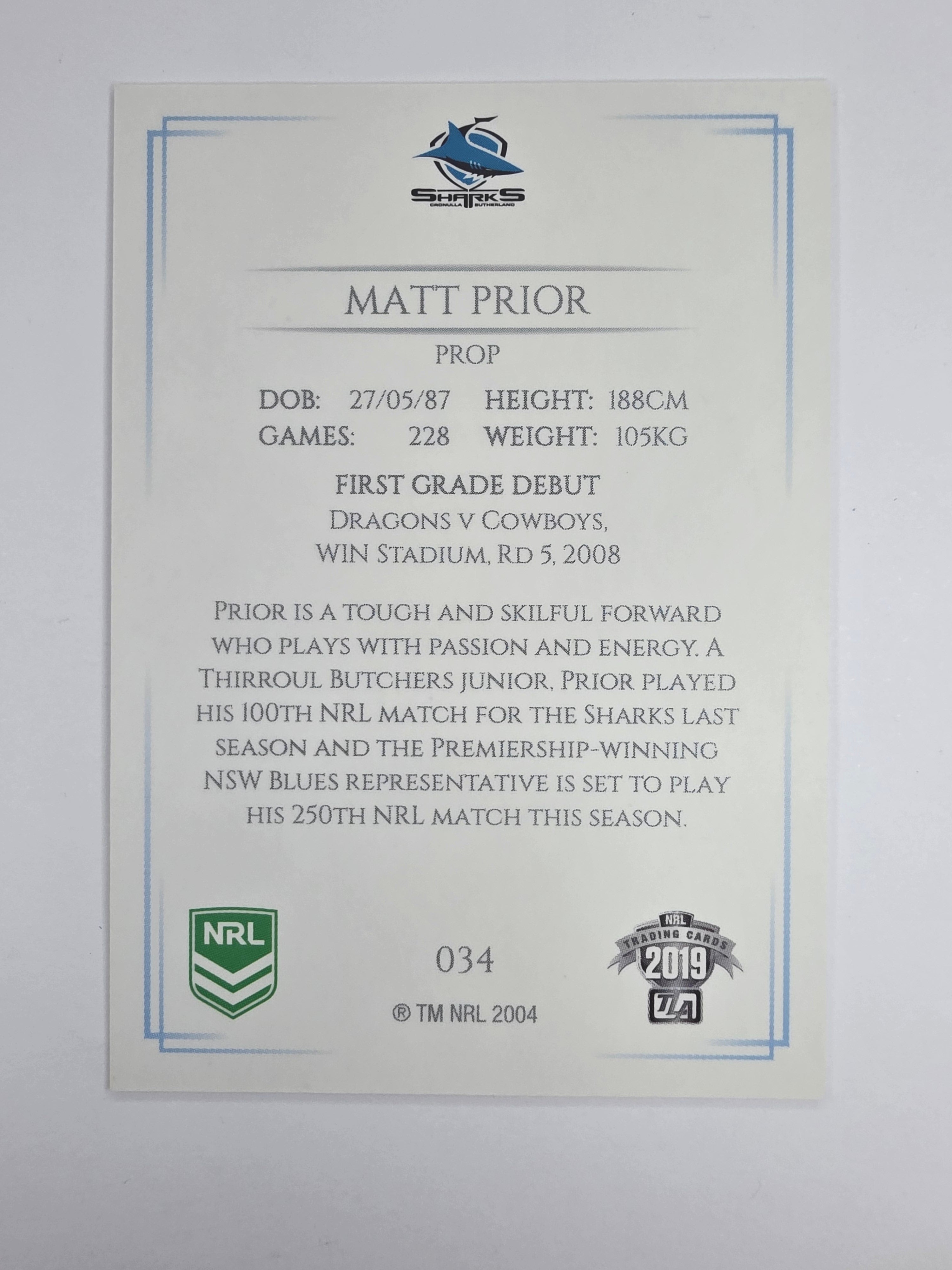 NRL 2019 Elite Base Card #34 Matt Prior Cronulla Sutherland Sharks