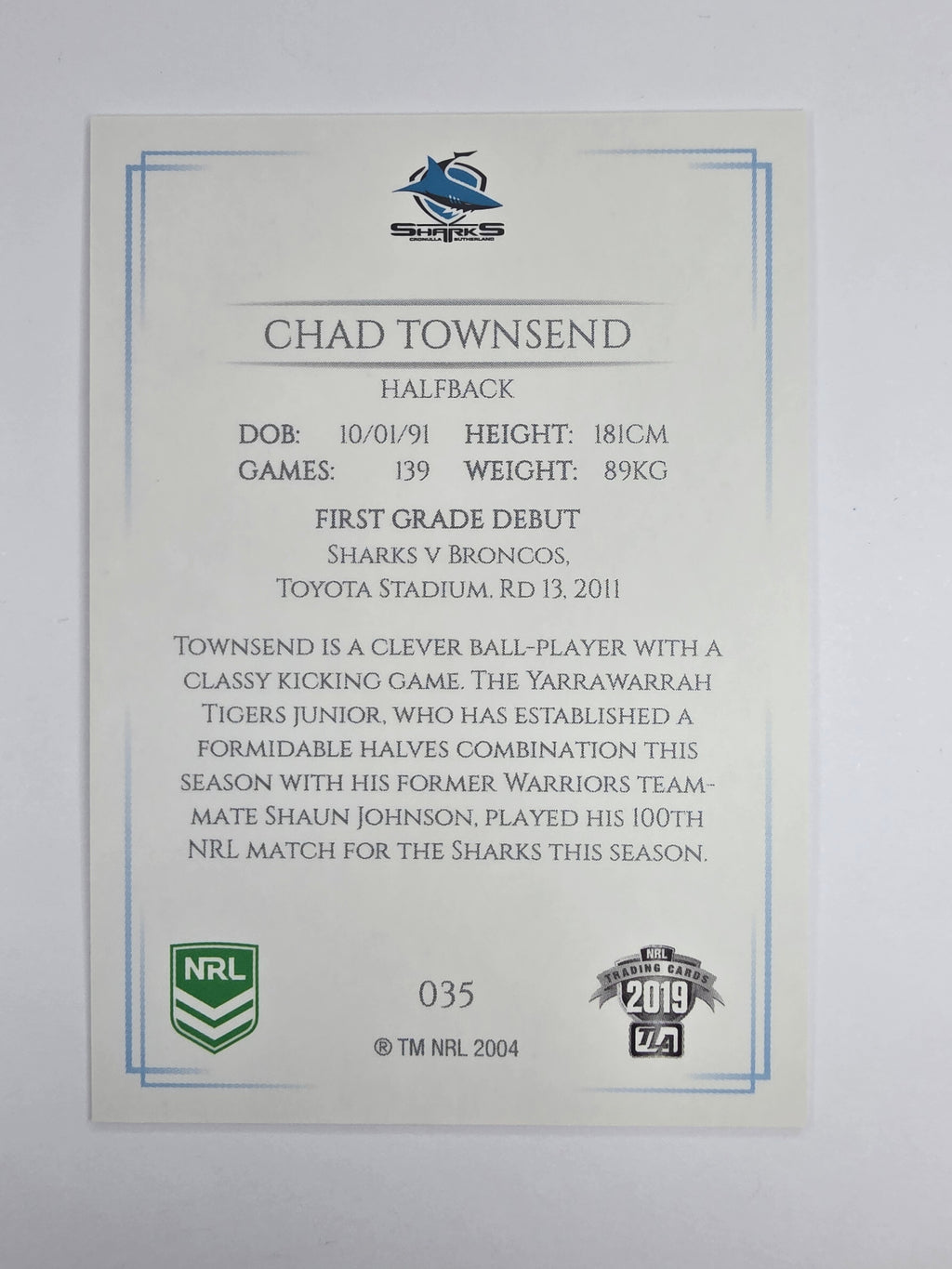 NRL 2019 Elite Base Card #35 Chad Townsend Cronulla Sutherland Sharks