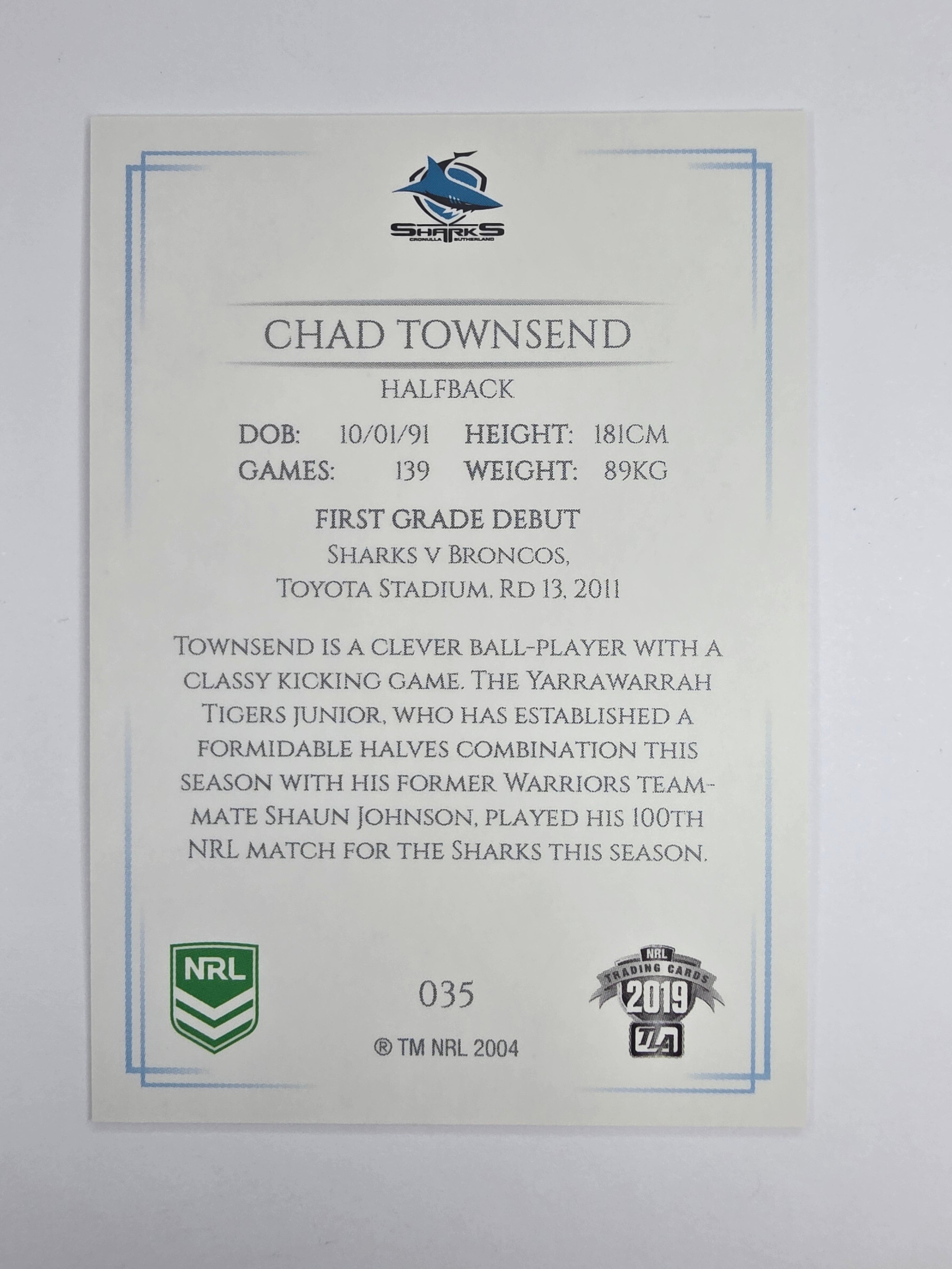 NRL 2019 Elite Base Card #35 Chad Townsend Cronulla Sutherland Sharks