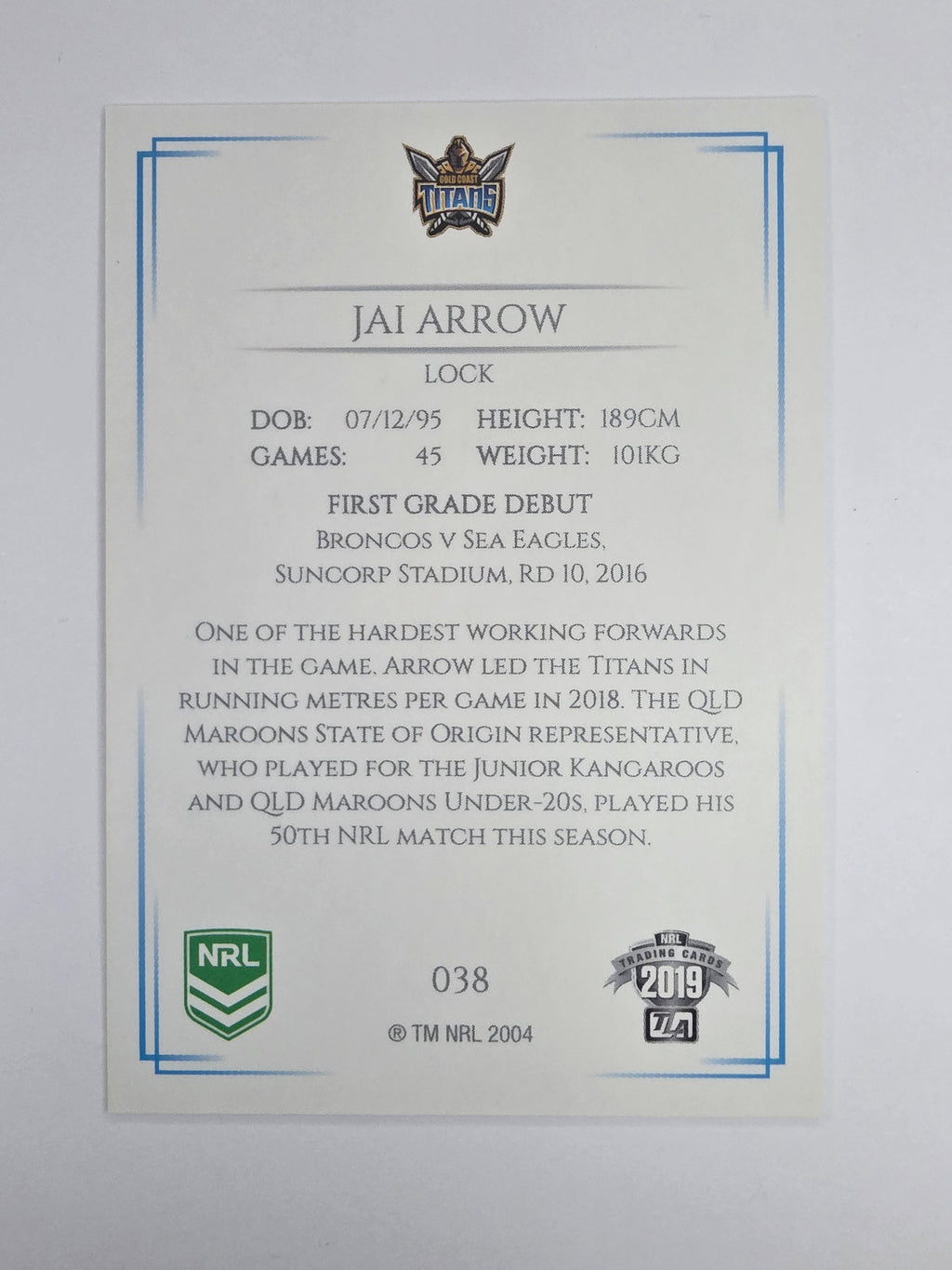 NRL 2019 Elite Base Card #38 Jai Arrow Gold Coast Titans