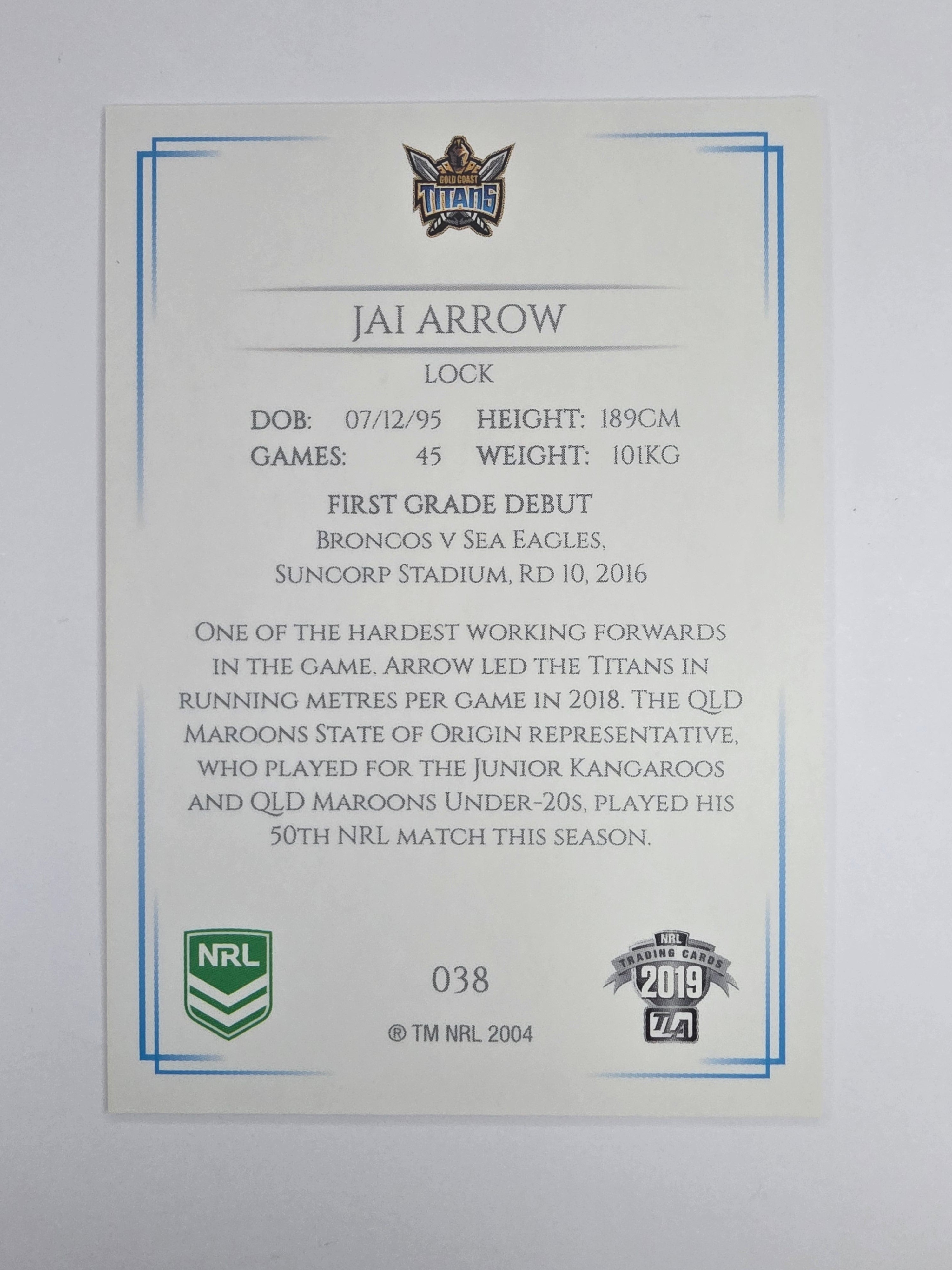 NRL 2019 Elite Base Card #38 Jai Arrow Gold Coast Titans