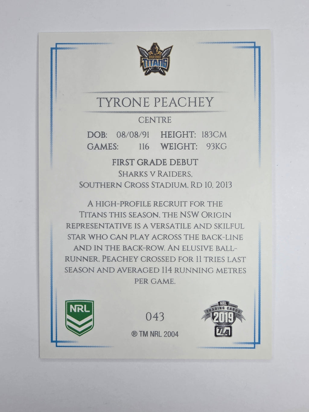 NRL 2019 Elite Base Card #43 Tyrone Peachey Gold Coast Titans