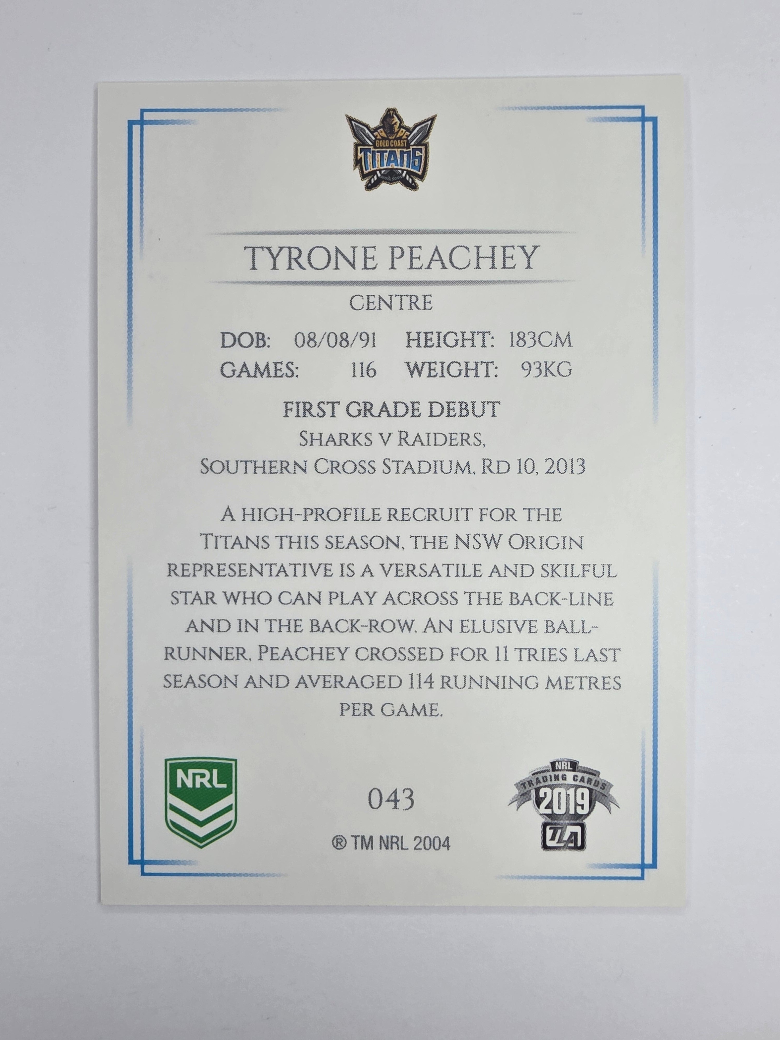 NRL 2019 Elite Base Card #43 Tyrone Peachey Gold Coast Titans
