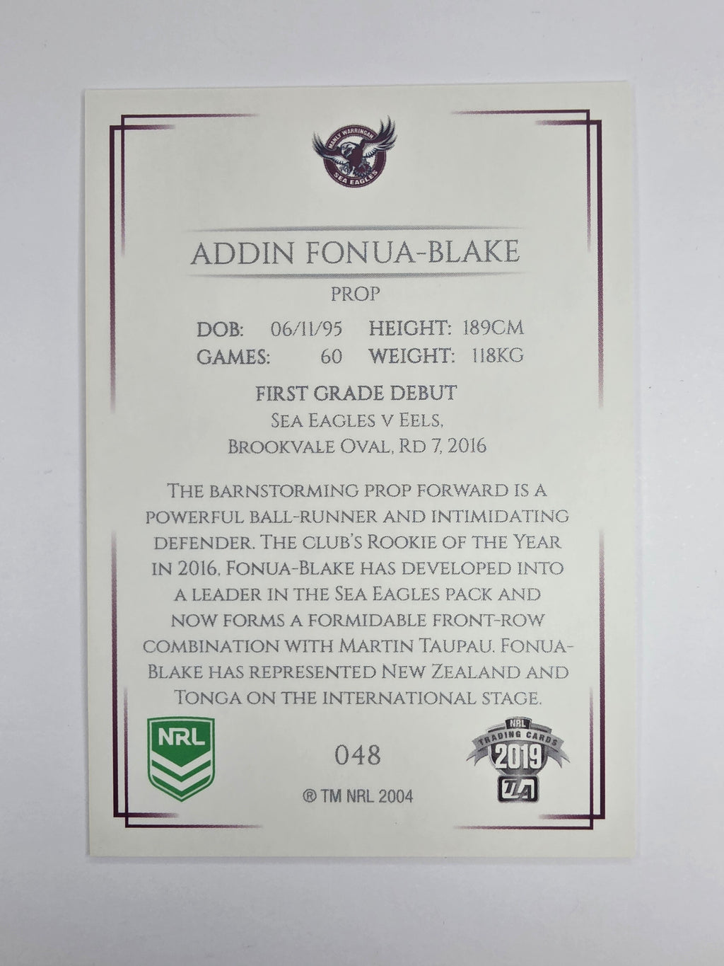NRL 2019 Elite Base Card #48 Addin Fonua-Blake Manly Warringah Sea Eagles