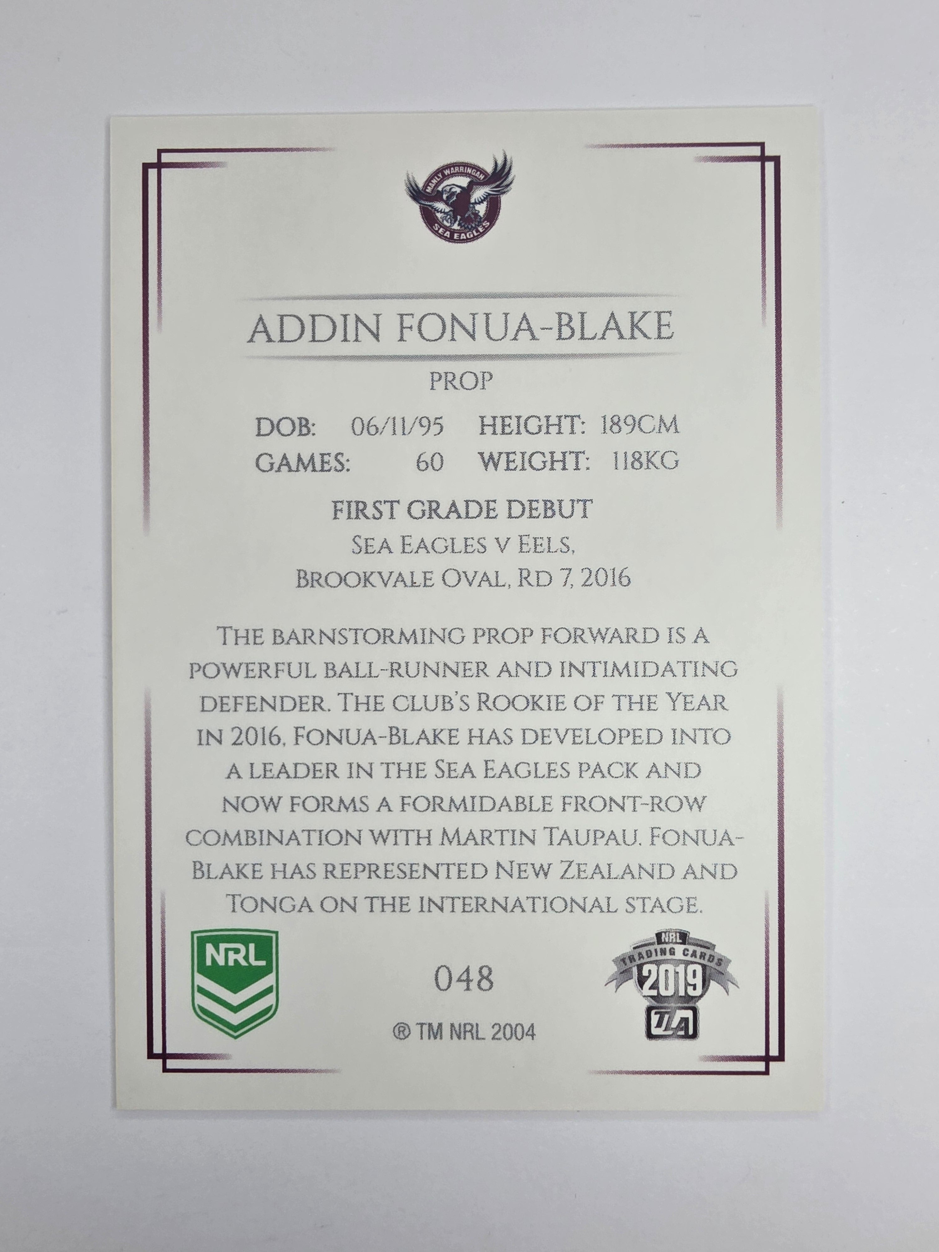 NRL 2019 Elite Base Card #48 Addin Fonua-Blake Manly Warringah Sea Eagles