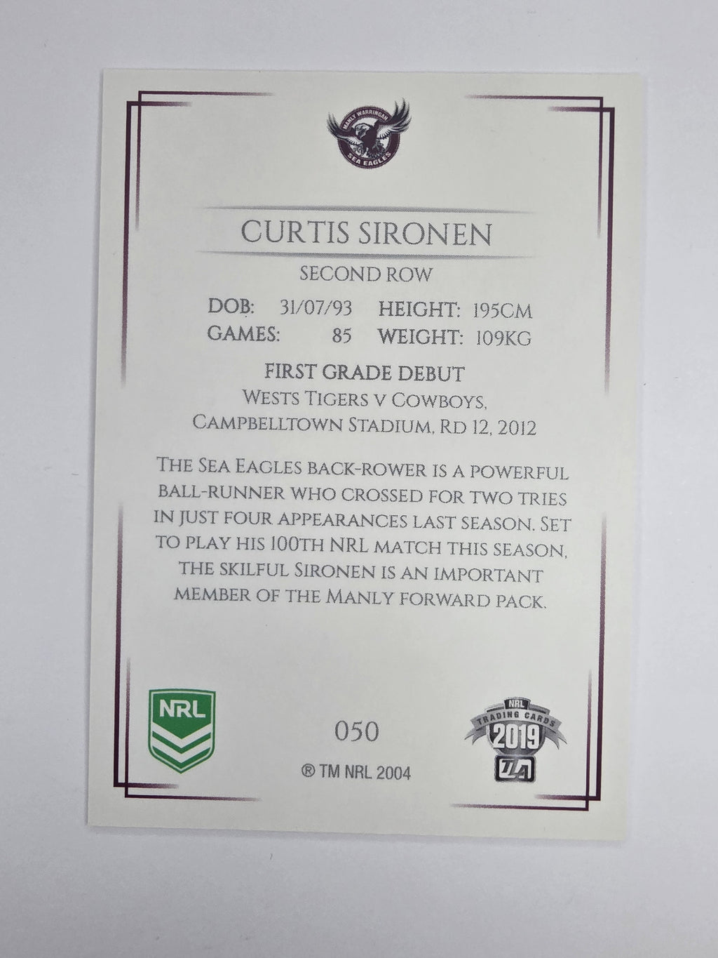NRL 2019 Elite Base Card #50 Curtis Sironen Manly Warringah Sea Eagles