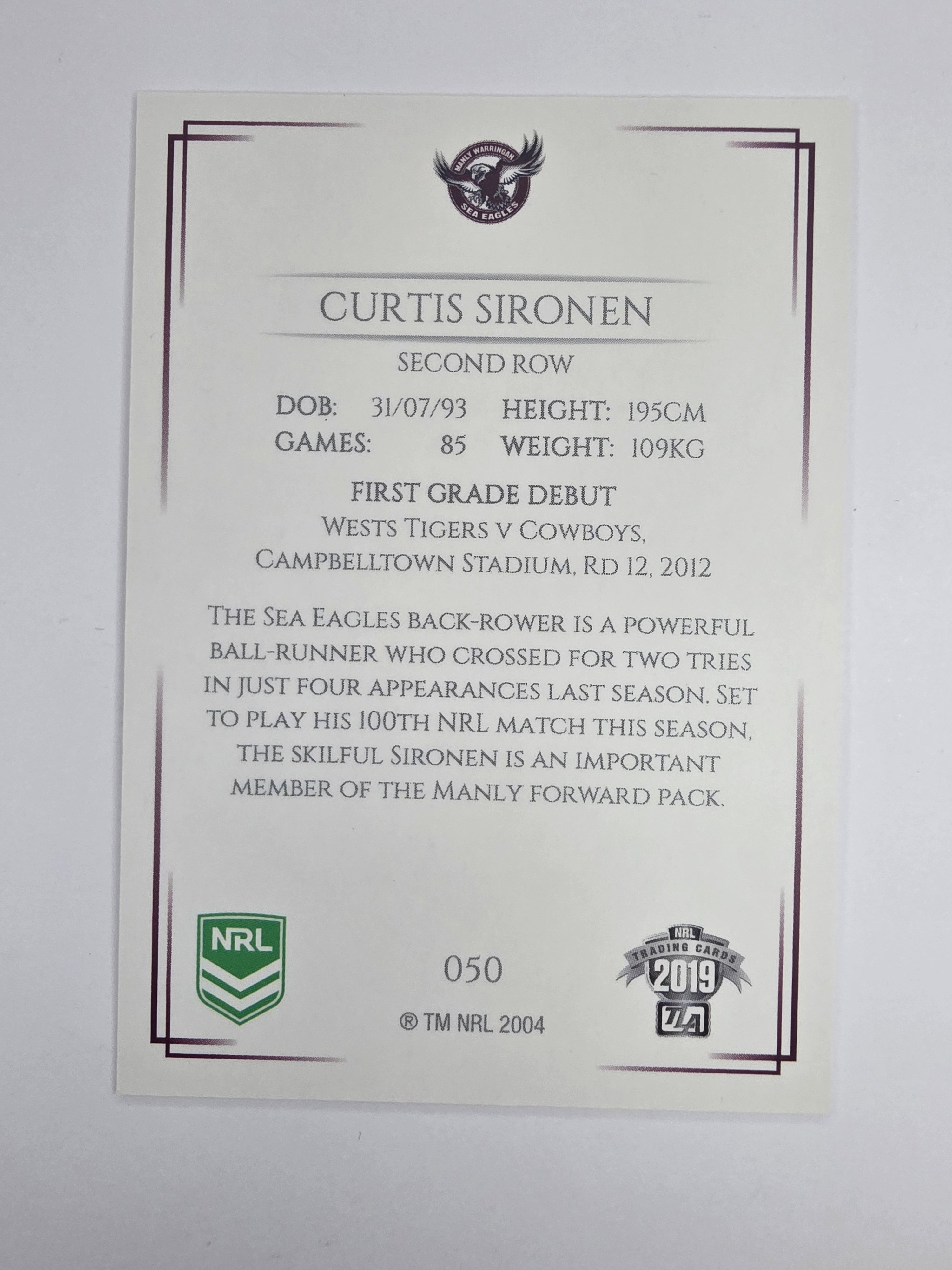 NRL 2019 Elite Base Card #50 Curtis Sironen Manly Warringah Sea Eagles