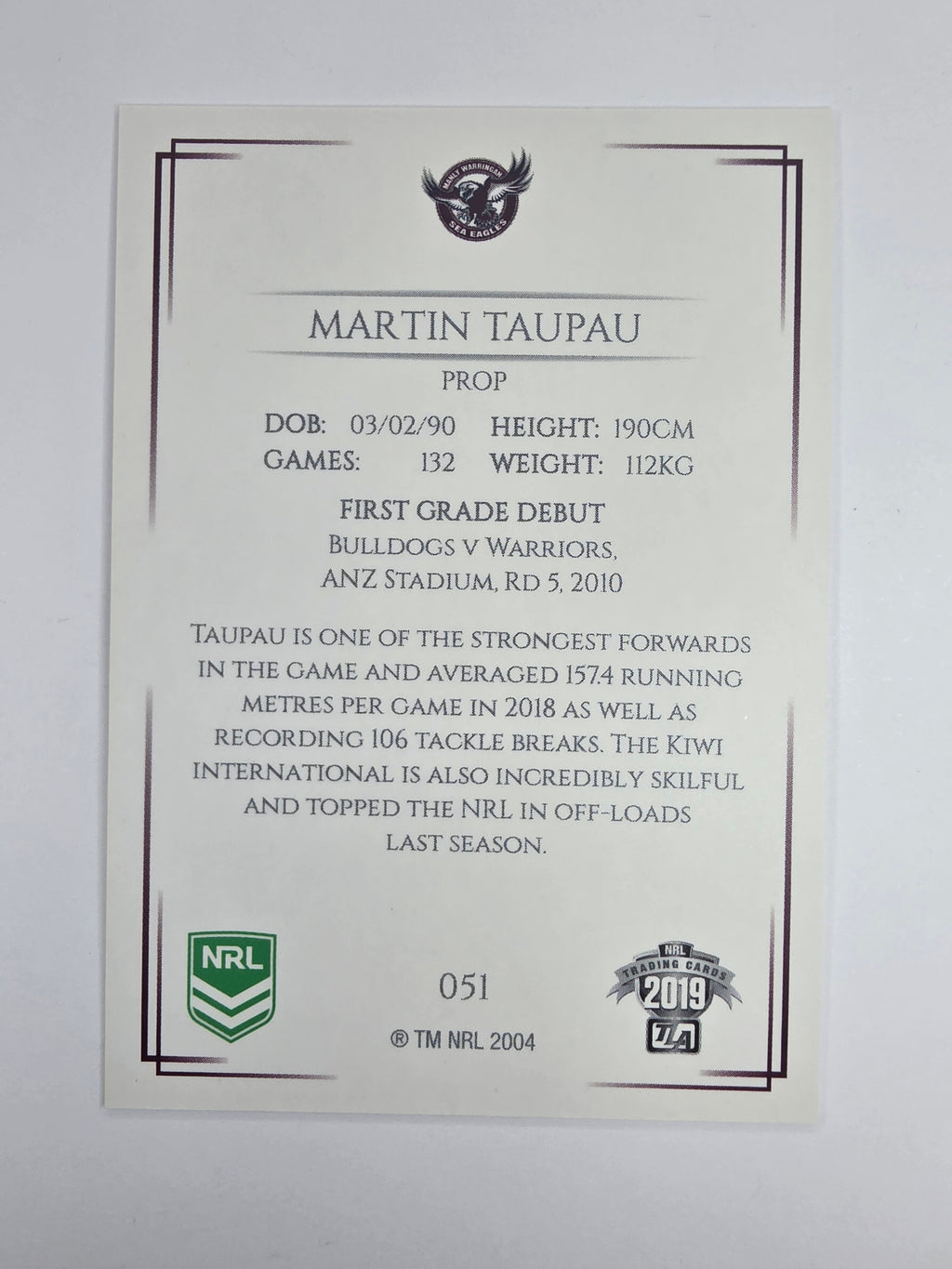 NRL 2019 Elite Base Card #51 Martin Taupau Manly Warringah Sea Eagles