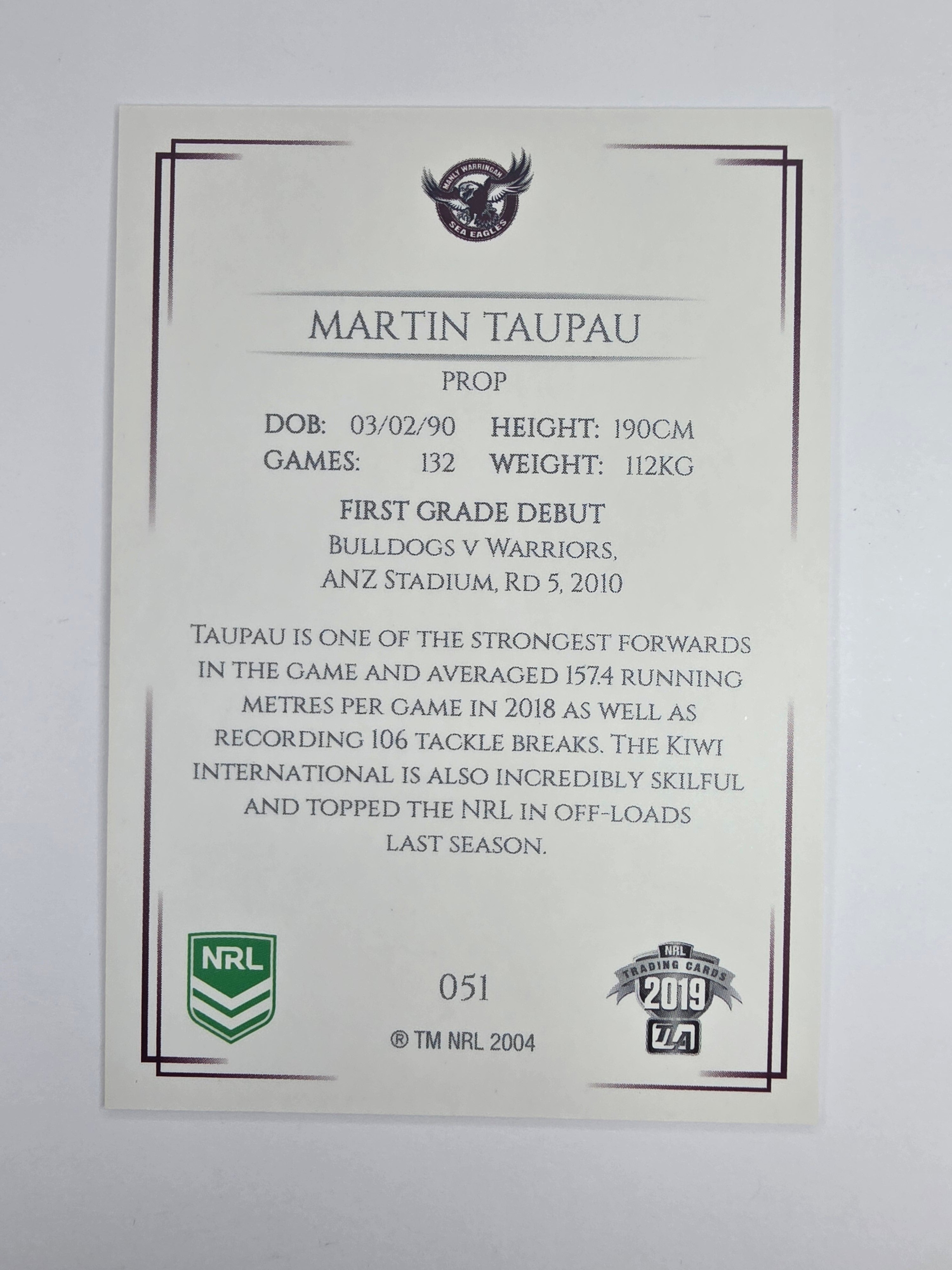 NRL 2019 Elite Base Card #51 Martin Taupau Manly Warringah Sea Eagles