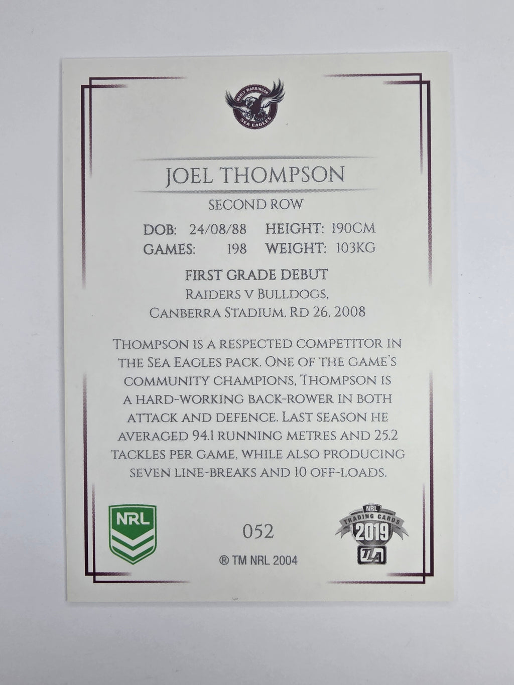 NRL 2019 Elite Base Card #52 Joel Thompson Manly Warringah Sea Eagles