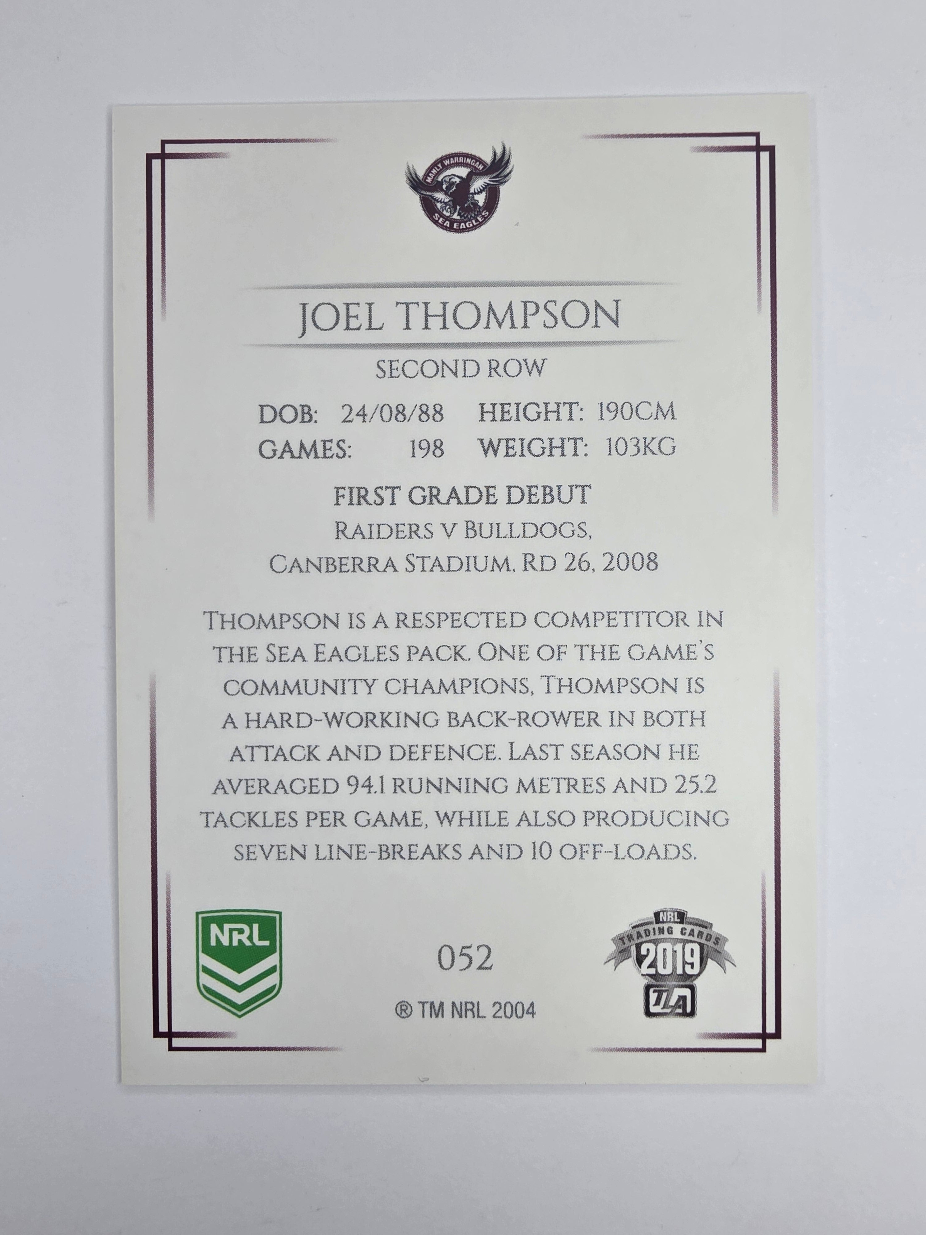NRL 2019 Elite Base Card #52 Joel Thompson Manly Warringah Sea Eagles