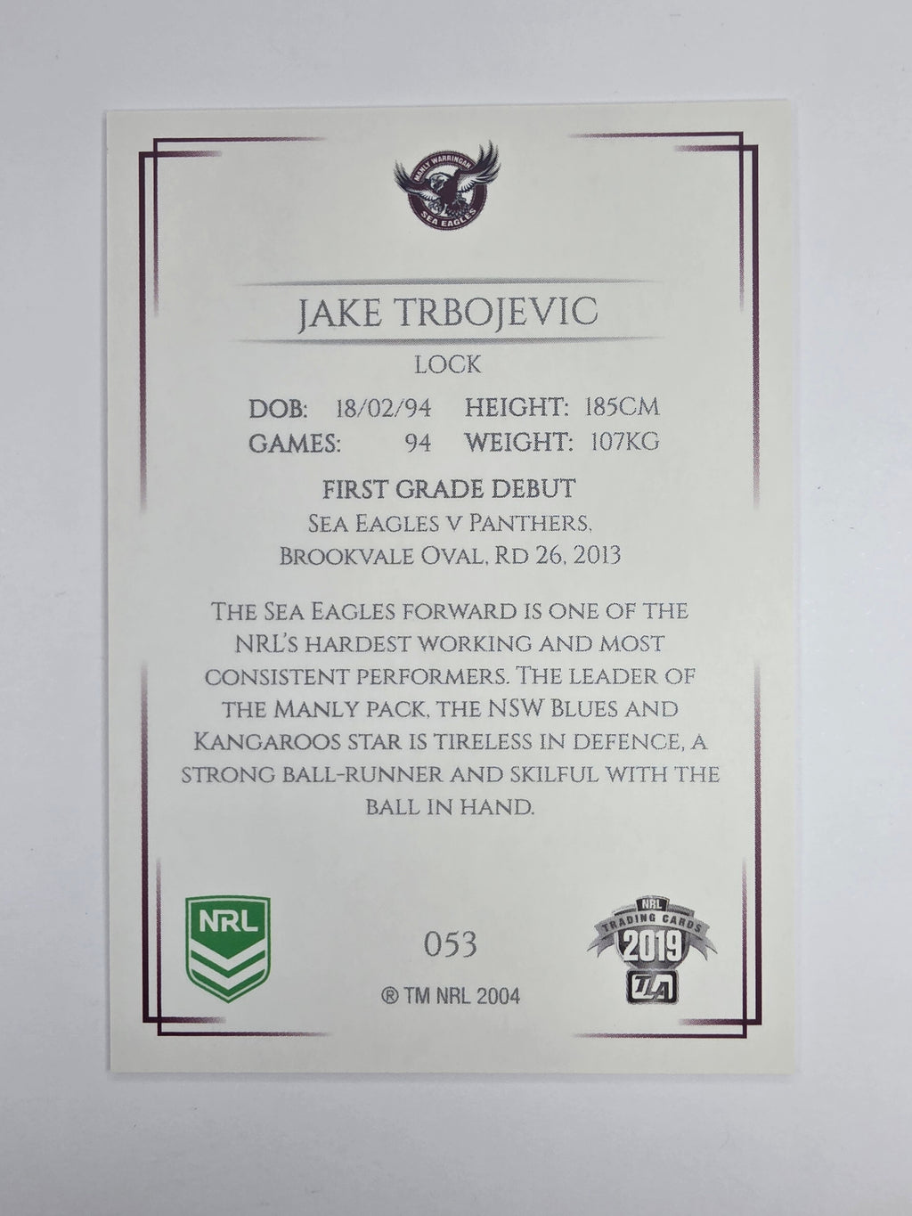 NRL 2019 Elite Base Card #53 Jake Trbojevic Manly Warringah Sea Eagles