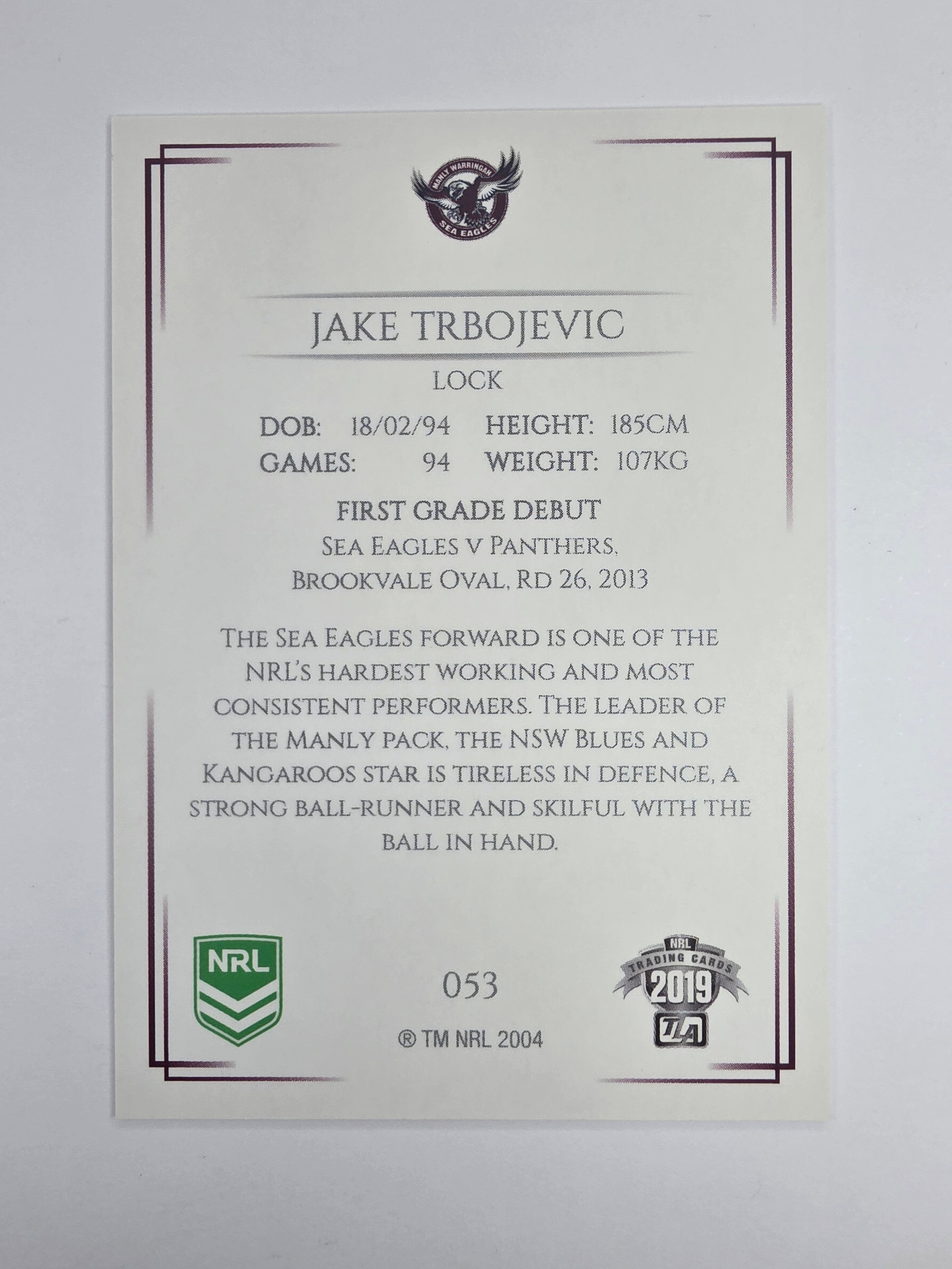 NRL 2019 Elite Base Card #53 Jake Trbojevic Manly Warringah Sea Eagles