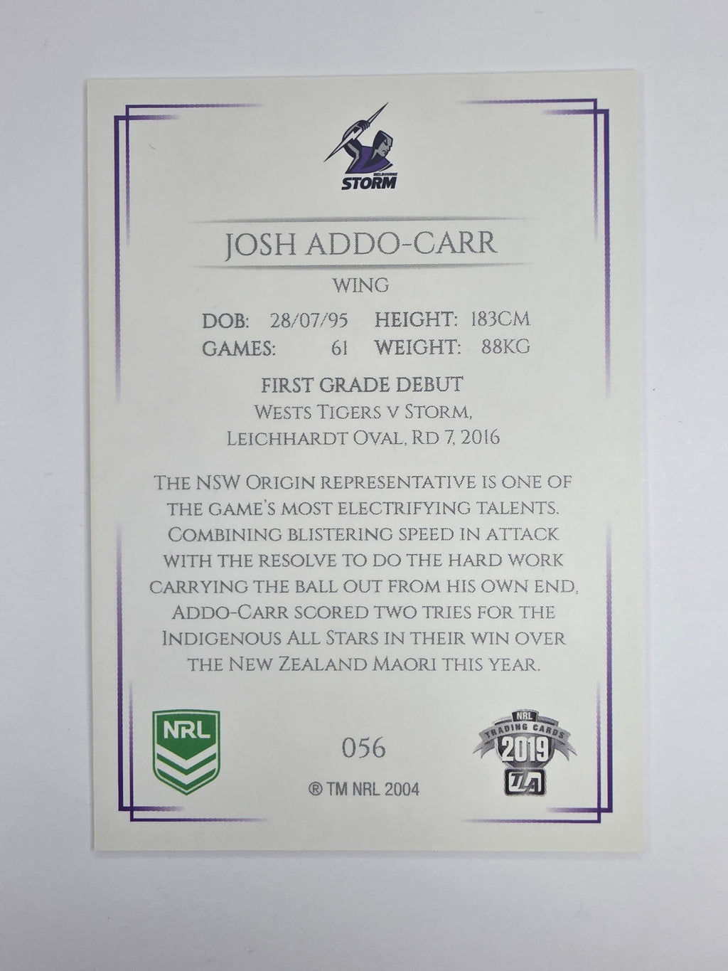 NRL 2019 Elite Base Card #56 Josh Addo-Carr Melbourne Storm