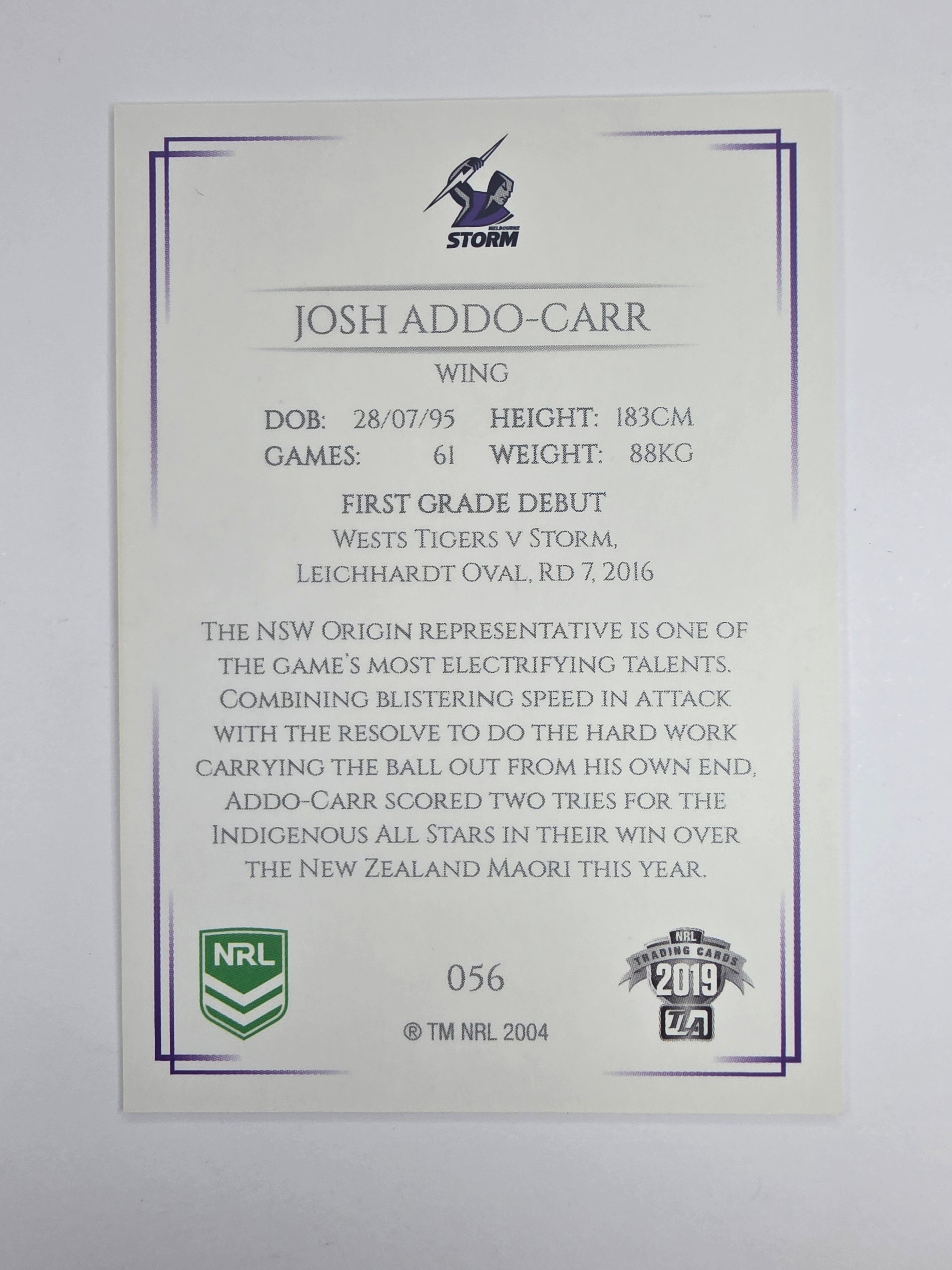 NRL 2019 Elite Base Card #56 Josh Addo-Carr Melbourne Storm