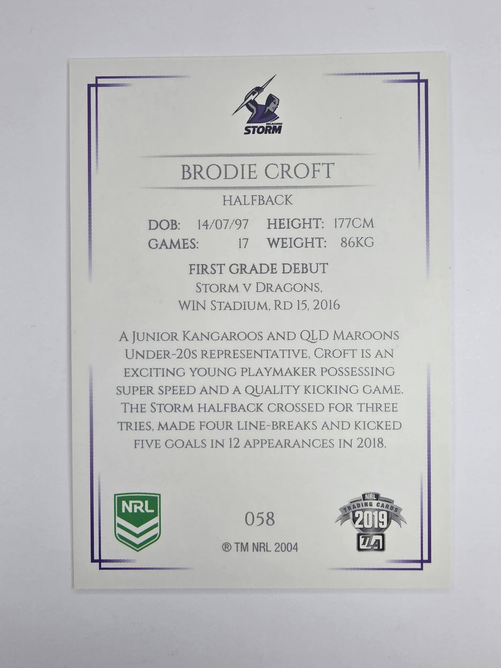 NRL 2019 Elite Base Card #58 Brodie Croft Melbourne Storm