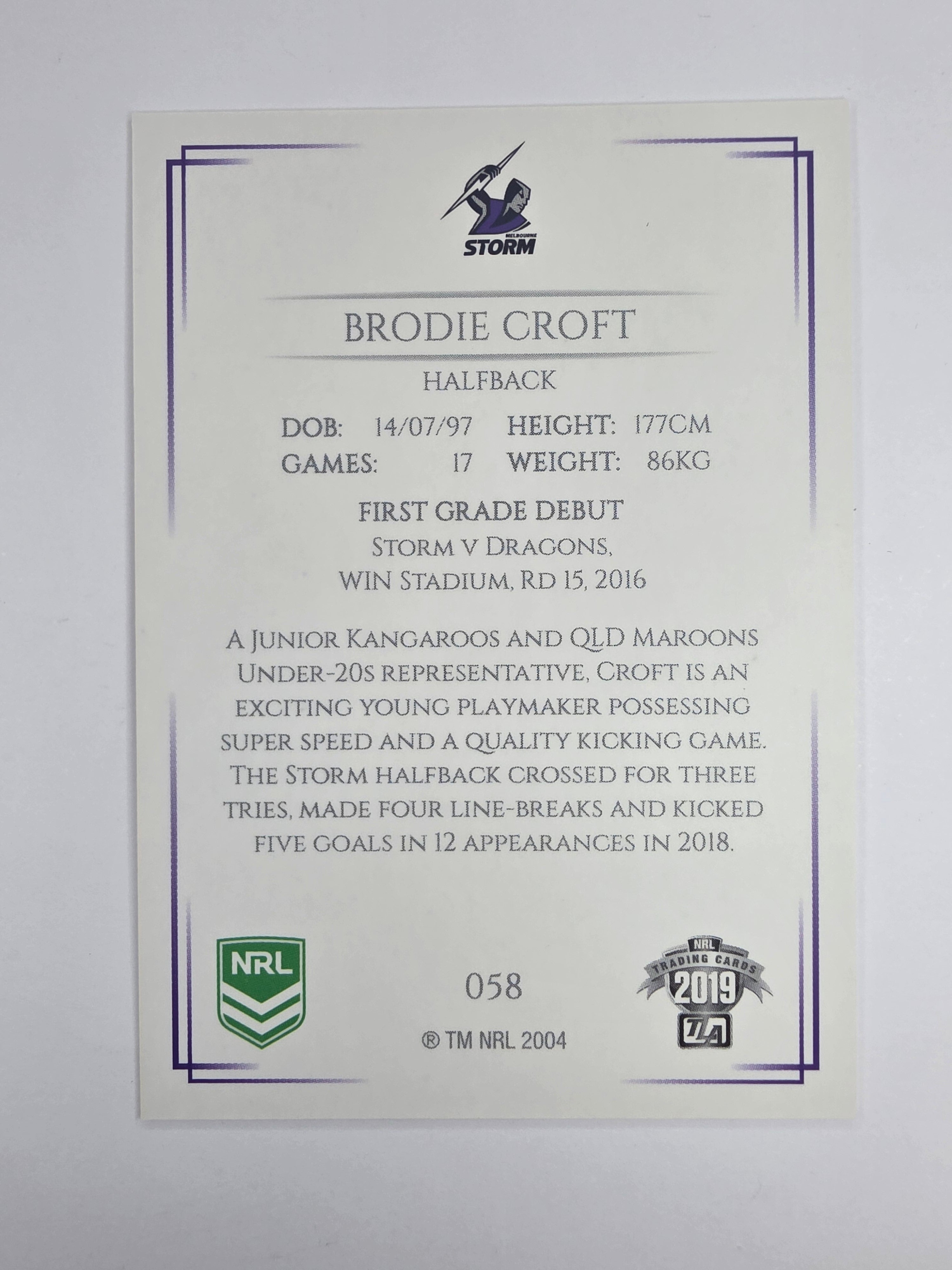 NRL 2019 Elite Base Card #58 Brodie Croft Melbourne Storm
