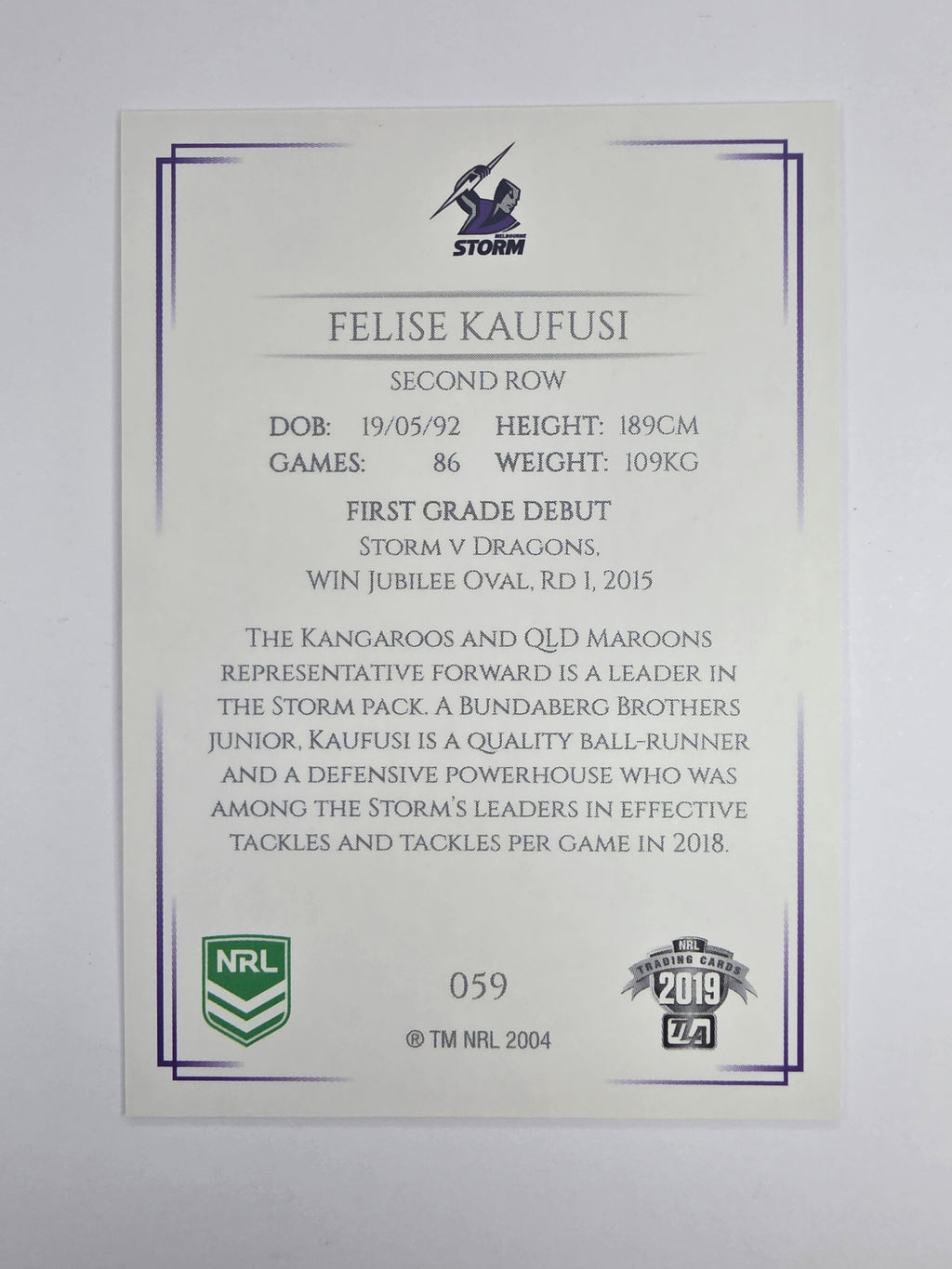 NRL 2019 Elite Base Card #59 Felise Kaufusi Melbourne Storm